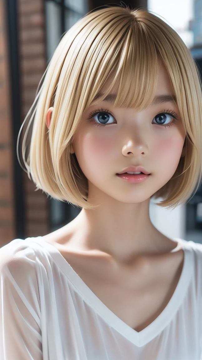(masterpiece, 2D moe anime:1.3), (best quality:1.2), (very aesthetic:1.2), (absurdres:1.2), (detailed background),newest, solo, (face focus from above: 1.3), (8K, Raw Photography, Top Image Quality: 1.4), gravure, 10yo Japan petit little 1girl:1.3, looking up, small Breast:1.2, Super Detail Face, Eye of Detail, Double Eyelid, Bring Your chest Together, Sharp Focus:1.2, Pretty:1.4, Light colored medium Hair, Top-Quality, Super A High Resolution, Highly Detailed and professional lighting smile, loose and light white camisole, high beams, cute childish body, natural facial expression, short hair, fatal position