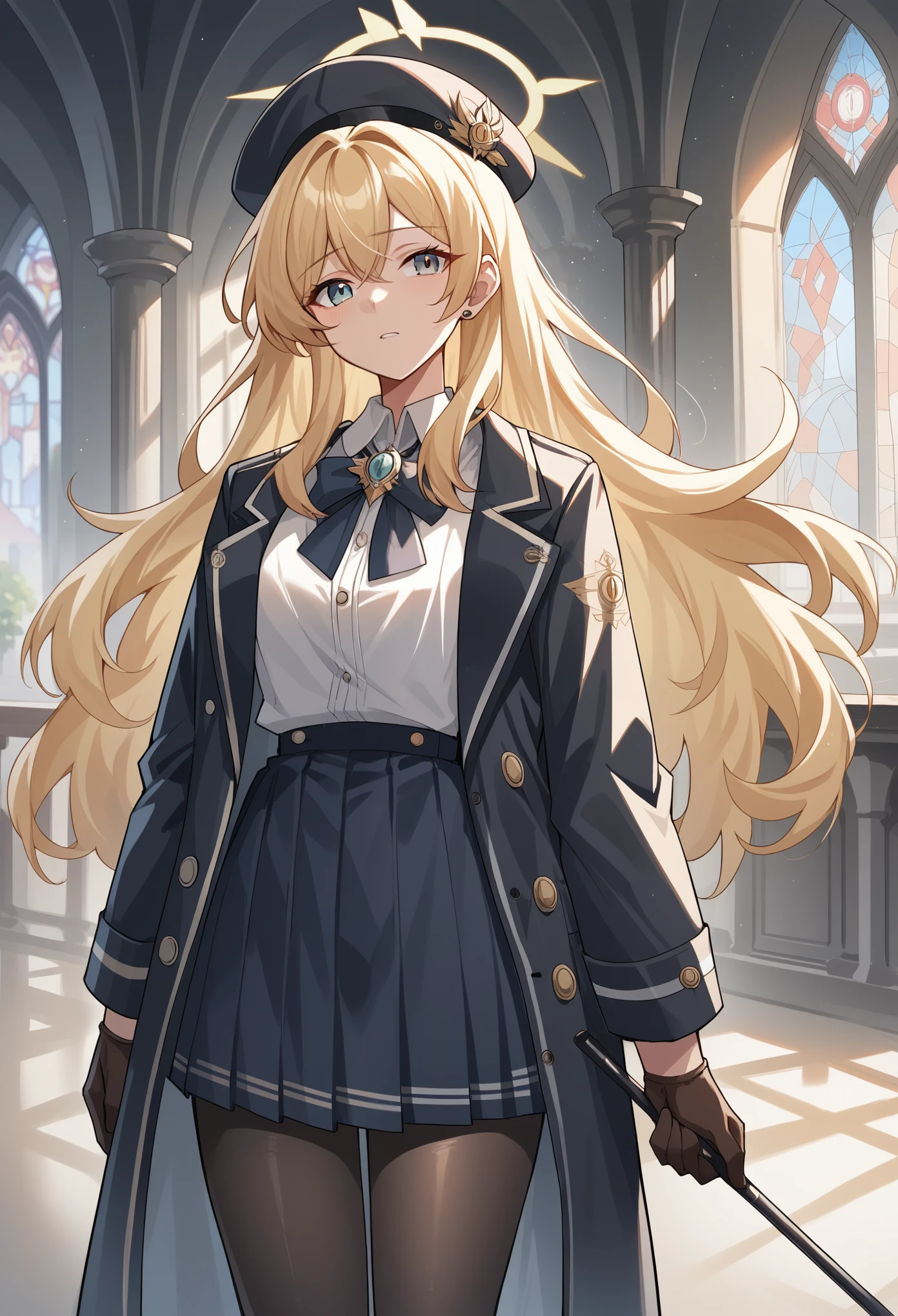 1girl, long hair, messy hair, sidelocks, blonde hair, serafuku, ribbon, brooch, coat, frills, hat, gloves, pantyhose, holding cane, halo, indoors, mansion, cowboy shot score_9, score_8_up, score_7_up, score_6_up, score_5_up, score_4_up, BREAK source_anime, masterpiece