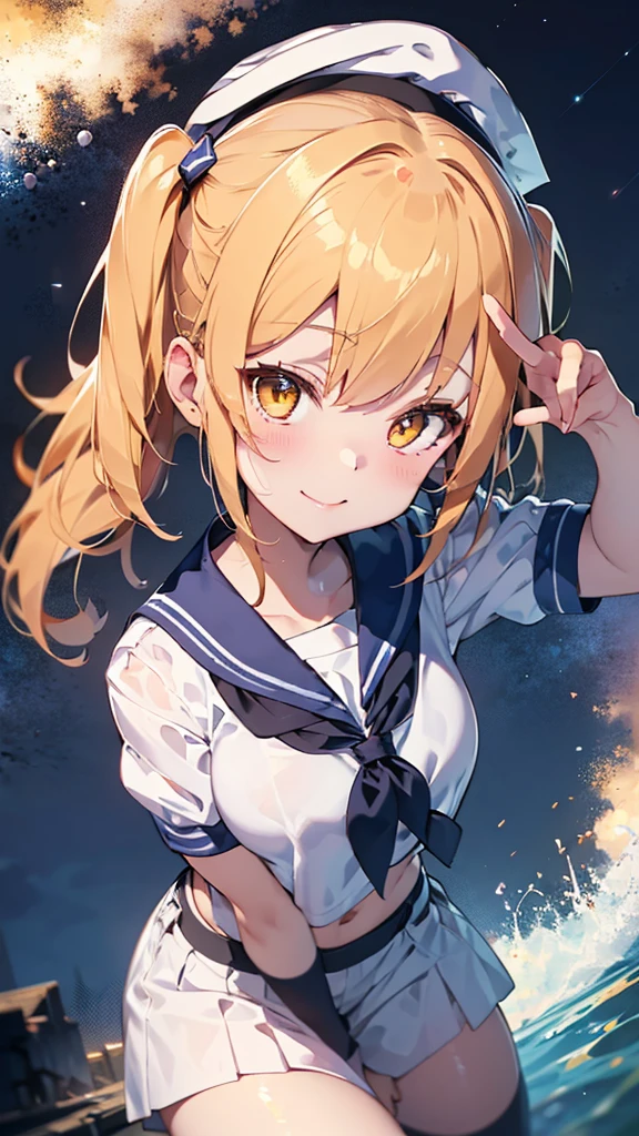 Twin-tailed golden-haired girl in sailor suit, Visible navel, Wear a hat and pants.a drawing of an anime character, clean line drawings, ultra cute girl, ultra cute face, ultra detailed eyes, ultra detailed hair, ultra cute, ultra beautiful, ((high end)), (UHD picture), (best quality,4k,8k,highres,masterpiece:1.2), top-quality(​masterpiece), top-quality, ultra-detailed, highly detailed texture, intricate details, high quality textures, masterpiece, best quality, perfect quality, perfect anatomy, perfect body, perfect symmetrical face, perfect hands, perfect feet, (two arms:1.2), (two legs:1.2), (five fingers each:1.2), (perfect joint:1.2), perfect joint movement, precise fingers and hands, 1 beautiful girl, 1 girl, alone, solo, , , ((())), ((ish)), (Best Quality, hight resolution), extremely detailed and lifelike, Vibrant colors, simple background, white socks, blonde hair, hat, blue sailor collar, twintails, sailor collar, sailor hat, yellow eyes, marine costume, short sleeves, shirt, blue neckerchief, white headwear, sailor, white shirt, white shorts, neckerchief, smile, Chiyuri, from behind, to lift up one’s skirt, cowboy shot, from front, standing, raise one leg, crossed arms, arms up behind, arms behind back, hand between legs, put hands hip, one hand on hip, forward hands, arms raised in the air, punch hands, peace sign, waving, put up index finger, sit, lie down, closed eyes, lie face down, looking back, put one hand chest, leaning forward, cleavage, close up, horizontally outstretched arms, horizontally outstretched legs, front view, front face, huge breasts for short stature, cleavage is clearly visible, G-Cup, heart hands, pointing at oneself