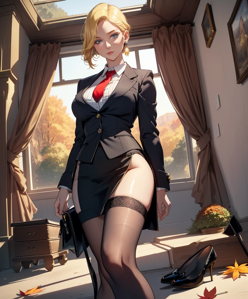 (masterpiece, best quality, ultra-detailed, high resolution, best illustration), 1 woman, volumetric lighting, best shadows, cute , naughty face, long blonde hair, suggestive sexy eyes, detailed blue eyes . Create a visually stunning and elegant portrayal of a 35-year-old professional woman in her office attire. (ultra semi-realistic:1.3), extremely detailed, 8k resolution, realistic LUT, cinematic LUT, (best quality:1.3), absurdres, (pale skin, detailed skin:1.3, Glossy skin + Shiny skin:1.1), exquisite earrings, gigantic breasts, skinny body, fit body, slim, narrow waist, slim legs, long legs, high heels, short hair, yellow hair, blonde hair, dark blue eyes, black suit, red necktie, suit pencil skirt, A forest scene with a treehouse hidden among the vibrant autumn leaves, (photographed on a Sony a9 II, 35mm wide angle lens), a pair of ggx heels, high heels, stockings, lace trim, pantyhose, (extremely detailed illustrated 8k wallpaper).