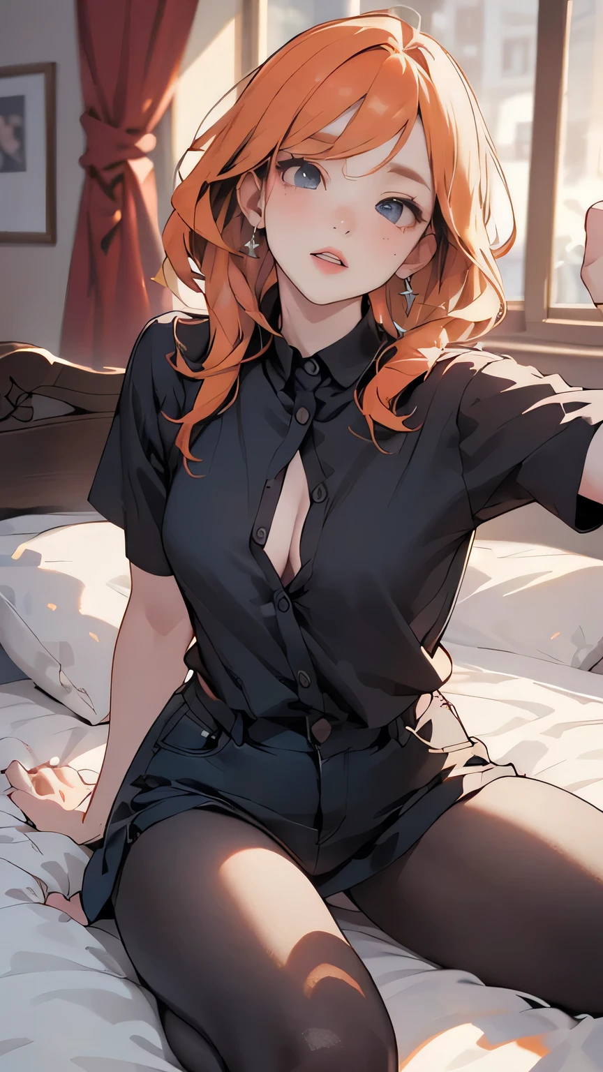 a woman in stockings on a bed, erotic, cute freckles, mole under left eye, lifting her legs, arching her upper body, provocative gaze, looking up, highres, 8k, photorealistic, detailed facial features, high quality lighting, cinematic composition, dramatic shadows, warm color tones