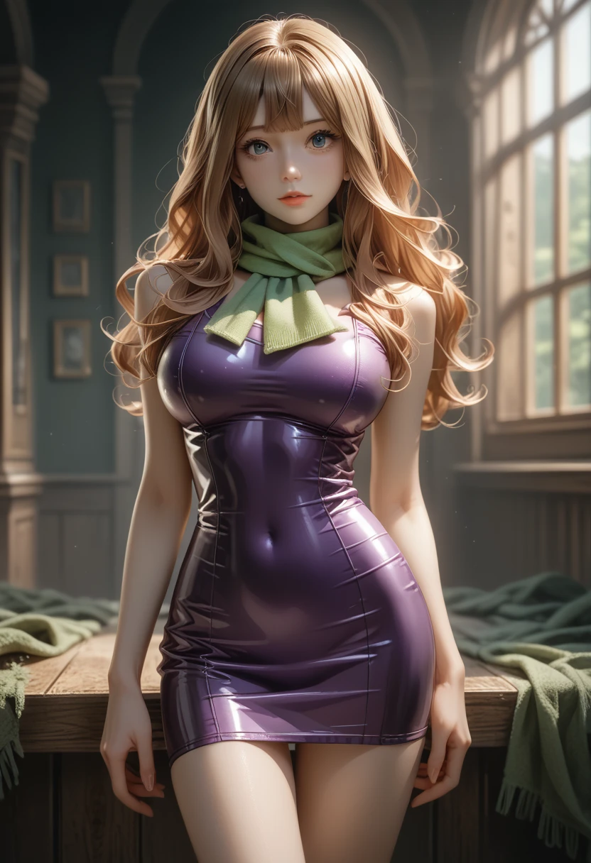 (Best Quality, High resolution:1.2), Ultra-detailed, ((super panavision 70 style, ultra Realistic 3/4 body portrait)), anime style, 3d render, 50´s style, hot girl, daphne blake, pretty detailed face, long red wavy hair, perfect long legs, tiny waist. very large breasts, standing, 70´s purple tight short dress, green scarf around her neck, in a desaturated haunted house background (Depth of field)