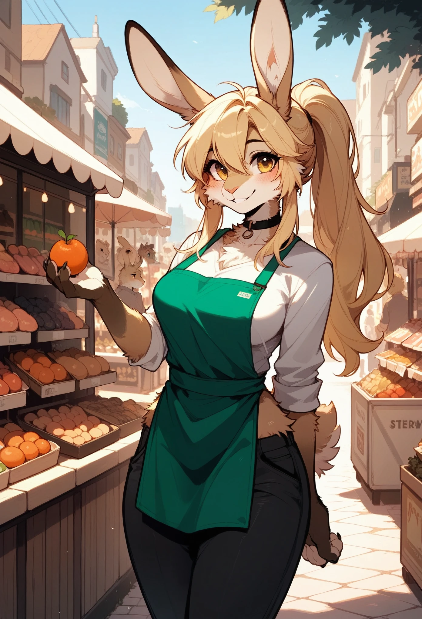 (score_9,score_8_up,score_7_up), rating_safe, (furry), cowboy shot, (furry female rabbit), beige fur, (body fur), blonde hair, long hair, (straight hair), ponytail, yellow eyes, blush, smile, paws, medium breasts, (wide hips), choker, white shirt, green apron, black pants, looking at viewer, outdoors, market