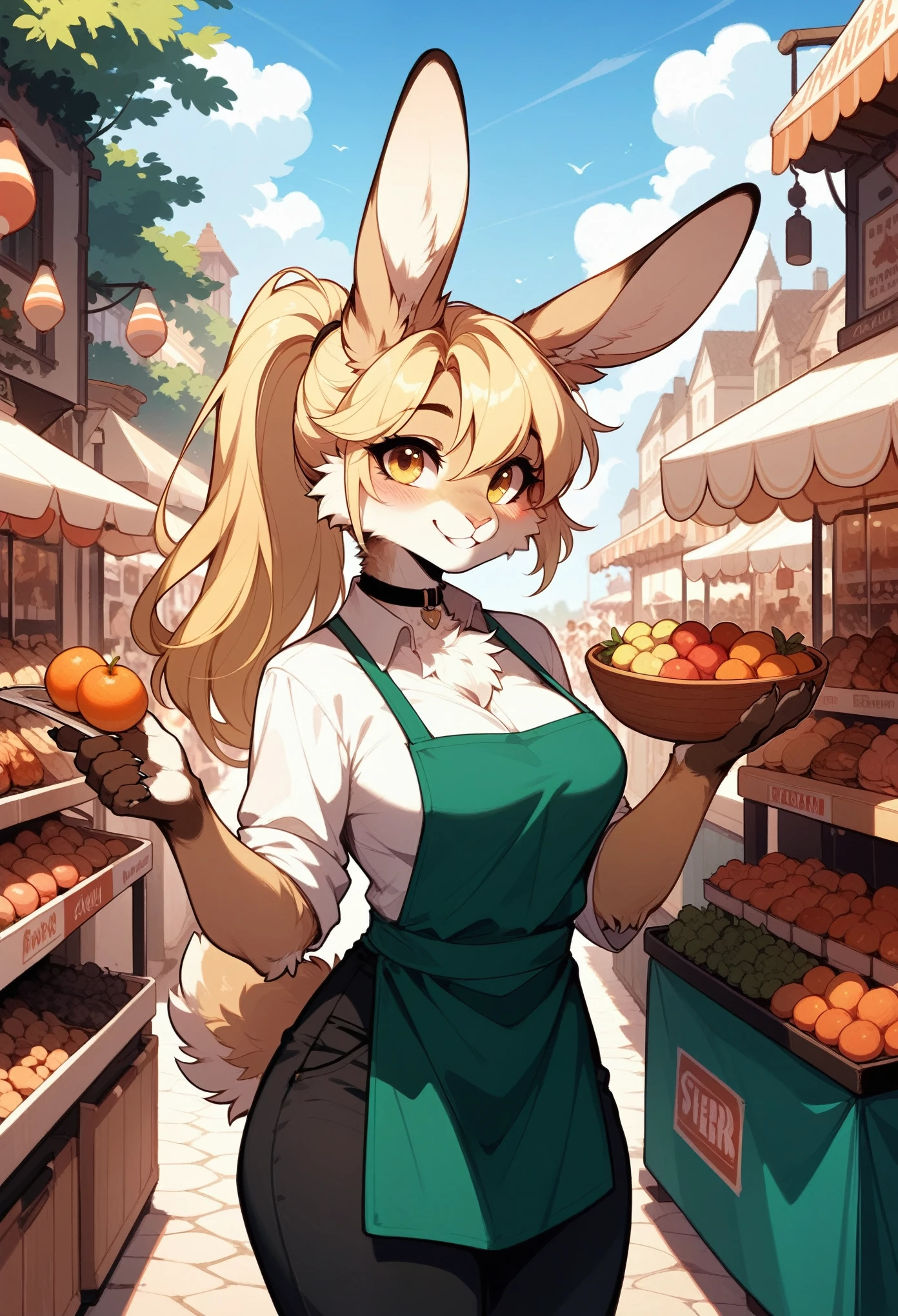 (score_9,score_8_up,score_7_up), rating_safe, (furry), cowboy shot, (furry female rabbit), beige fur, (body fur), blonde hair, long hair, (straight hair), ponytail, yellow eyes, blush, smile, paws, medium breasts, (wide hips), choker, white shirt, green apron, black pants, looking at viewer, outdoors, market