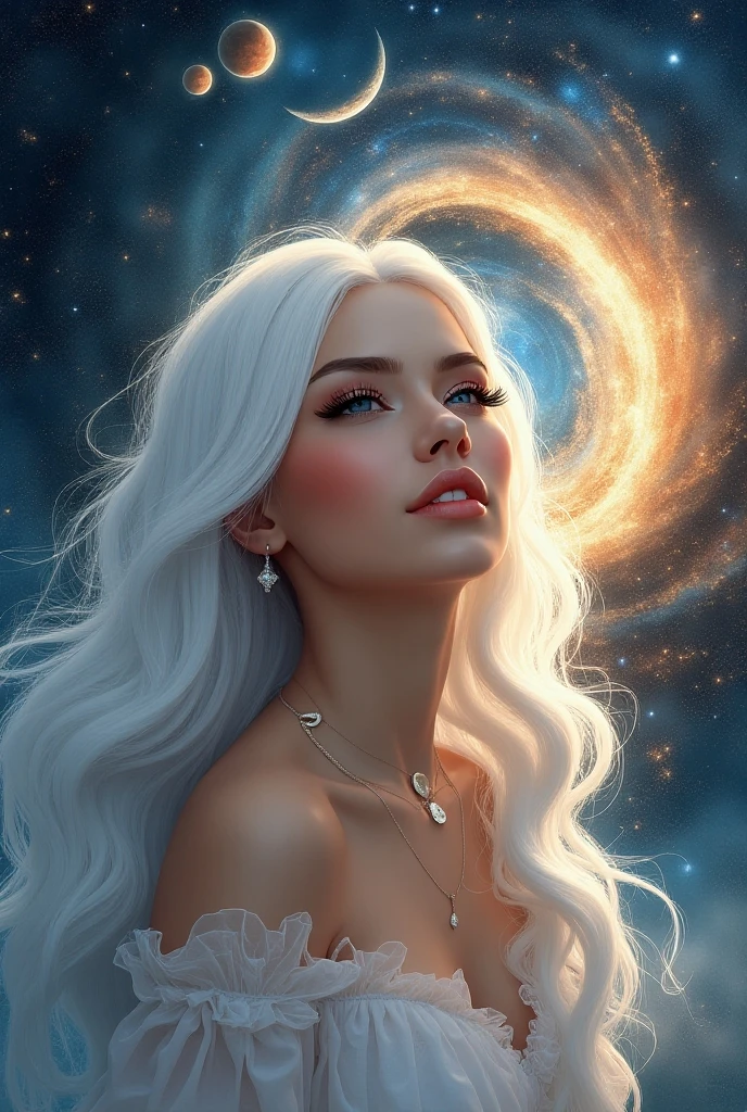 ((masterpiece), best quality, high quality, professional quality, highly detailed, highres, perfect lighting, natural lighting), Make a top-notch, best quality masterpiece, Mysterious enchantress with a veil and an aura of magic, Gal, Average Height, Slim, Oval Face, Fair Skin, White Hair, pink Eyes, Wide Nose, Thin Lips, Round Chin, Long Hair, Coarse Hair, Braided Half Up, soft breasts, Hoop earrings, gloss sheer lipstick, Pixel Art, intricate, Nebula, Twist