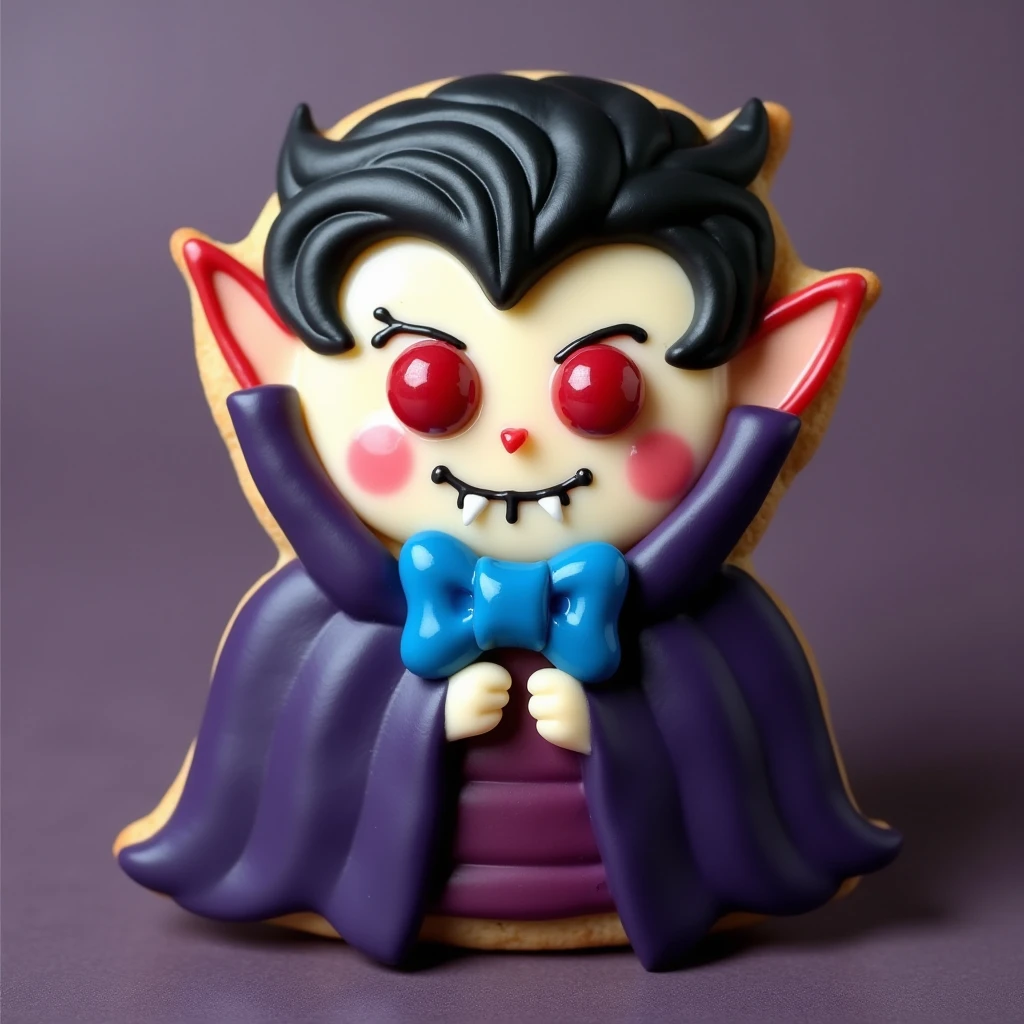 Picture a vampire cookie, its expression one of mirth rather than menace. The icing creates a dashing figure clad in a cape of deep, rich purple that billows outwards like the wings of a nocturnal creature of lore. His fangs peek from under a smile crafted of ivory white icing, sharp yet set in a friendly grin. His eyes are two glossy orbs of crimson candy, shining with mischief and elegance. A bow tie of royal blue icing contrasts playfully against his pale almond face, offering a whimsical touch to his suave appearance. His hair, slicked back in glossy waves of ebony icing, frames his charming visage. This cookie invites you to a world where vampires enjoy gathering for laughter and the sharing of sweets, under the enchantment of the Halloween moon.