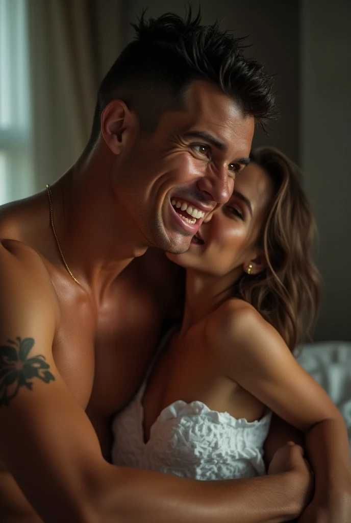 Beautiful athletic 30 year old asian woman with toned arms wearing tank top and jeans sitting in living room with her shirtless caucasian husband. Smiling. Arms around each other. Her Hand on his chest