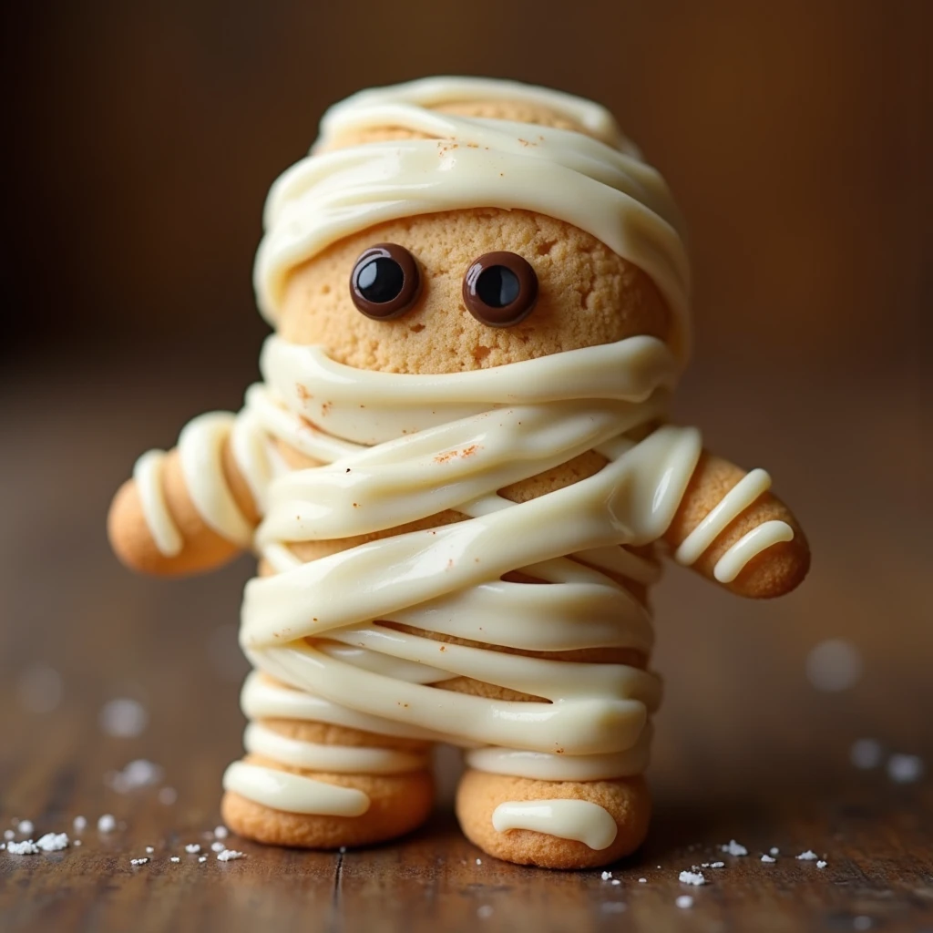 Picture a delightful mummy cookie, wrapped snugly in thin, delicate bands of off-white icing that crisscross in a charming, haphazard fashion. Each strand is meticulously layered to resemble a miniature mummy, with tiny gaps revealing a pair of striking, playful eyes peeking through, made from chocolatey dots nestled against a backdrop of caramel icing. The edges of the bandages are lightly dusted with a shimmering pearl dust, giving them a subtle glow as if under the light of a flickering candle in a rustic Egyptian tomb. Hints of cinnamon and nutmeg infuse the cookie with an inviting warmth, reminiscent of time-worn treasures. This mummy, far from hidden in ancient shadows, seems ready to leap into the joyful chaos of festive celebrations, spinning tales of ancient lands and mirthful memories etched in time.