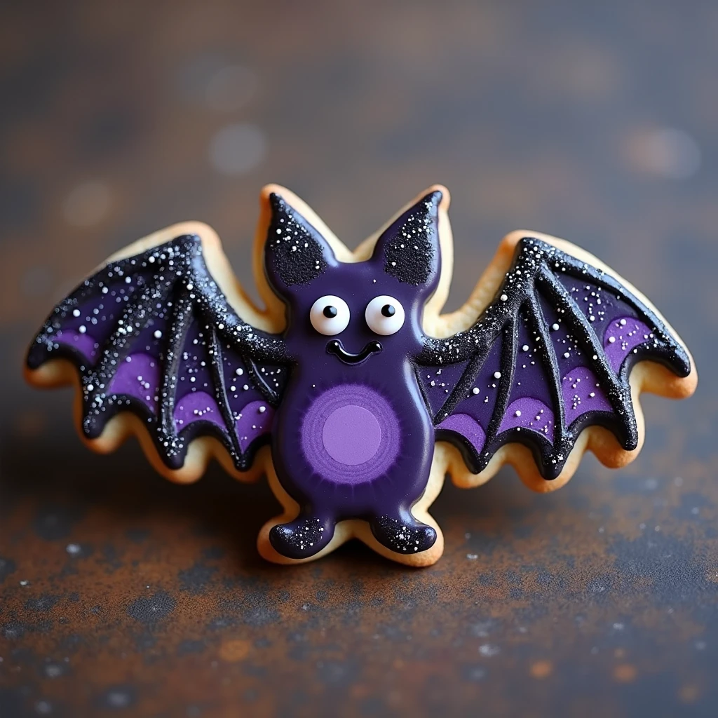 Envision a playful bat-shaped cookie, its wings outstretched in a dance of swirling dark chocolate and midnight purple icing. The little bat's eyes, two glimmering white candy pearls, peek out mischievously above a tiny grin of shiny noir icing that hints at gentle humor. The wing edges are dusted with fine silver sprinkles, mimicking the starlit skies over a quiet forest. Each ear, intricately shaped from a sugary mix, stands perked, ready to listen to the whispers of the breeze. Beneath its wings, delicate filigree icing work creates a tapestry of mysterious night adventures. This cookie brings with it the charm of a twilight tale, where bats do not fright but dance in friendship under the gentle watch of the harvest moon.