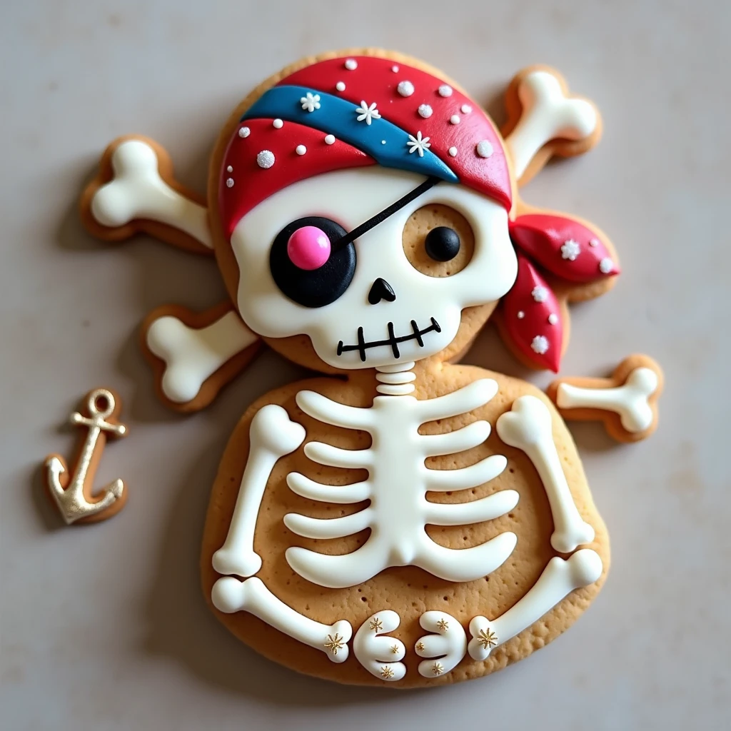 Create a whimsical pirate skeleton cookie, infused with the jolly essence of a seafaring spirit. The skeleton, crafted from creamy white fondant, has a friendly, wide grin, inviting all to join its high-seas escapades. A brightly colored bandana, swirled with bold reds and blues, adorns its round skull, fastened under a pink candy gem acting as a whimsical eye patch. Crossbones, highlighted in sparkling gold, peek from behind, effortlessly capturing the thrill of hidden treasure. The body is embellished with tiny edible tattoos—anchors and hearts—etched in dark cocoa, hinting at a life of buoyant adventures. This cookie, with its tiny sugary sword at the ready, calls forth the spirit of camaraderie and exploration, a pint-sized corsair ready to sail the winds of fun and folly.