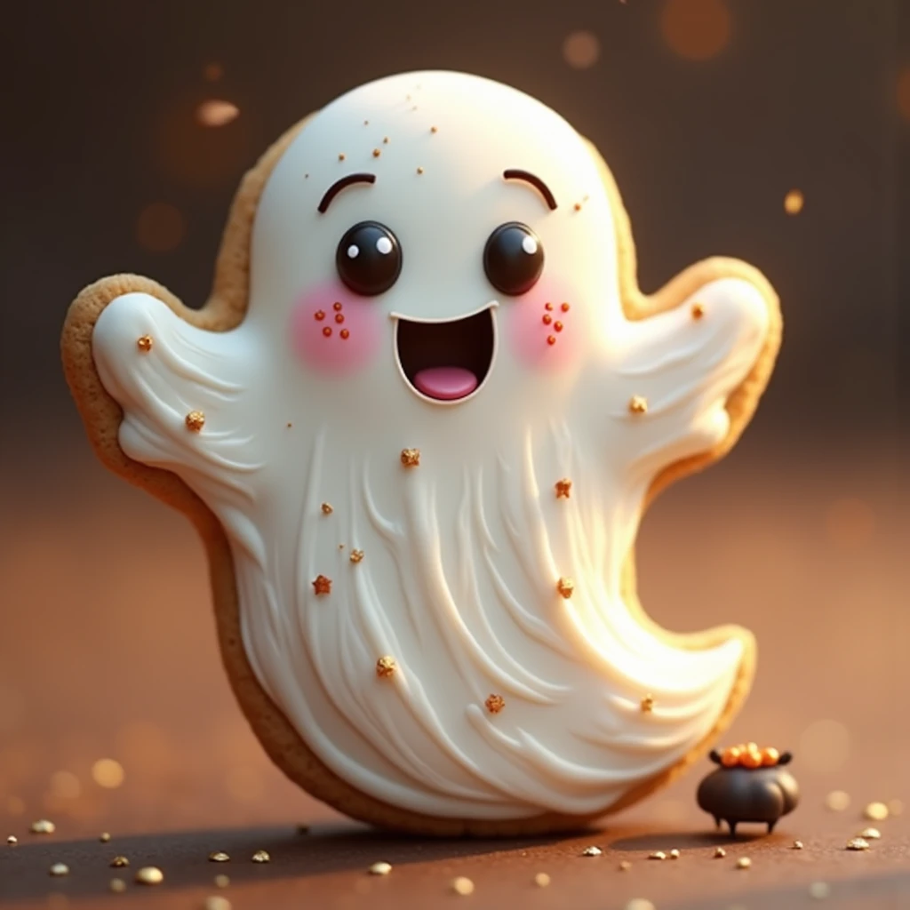 Visualize a giggly ghost cookie, its ethereal form crafted with swirls of silky white icing that catch the light like morning dew on cobwebs. The smile, a simple curve in dark chocolate, is mischievously wide, as if it cannot contain the laughter bubbling within. Glittering sugar sparkles scatter across its surface, echoing the cheerful aura of a happy soul. Its arms, elegantly outstretched, are tinted with the faint blush of sunset hues, welcoming all into a world of lighthearted specters and frolicsome haunts. A tiny candy bow sits jauntily at its angle, tickled with a touch of whimsy. This cookie invites you into a realm where ghosts are not ghoulish, but delight in effervescent amusement, ready to share ghostly giggles and warm the heart on a crisp Halloween eve.