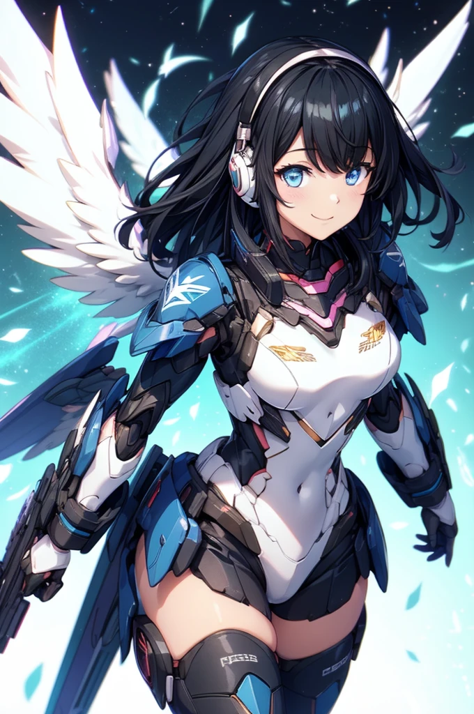  smiling、mecha wing、Thighs、tights、chest、Shiny black hair、 1 girl、 solo girl 、 headphones、hand on chest、mecha girl、 white word