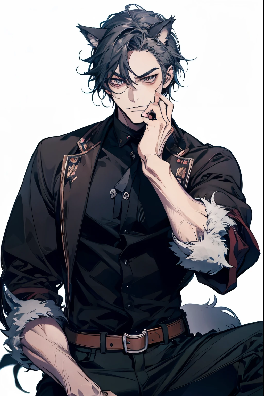 ((Werewolf))、Wolf Ears、Wolf&#39;s Tail、male,Black Hair, Shaggy Hair,((40 year old man )), Autumn Clothes,Coat, jeans, (White background),  brown skin, slouchy smile