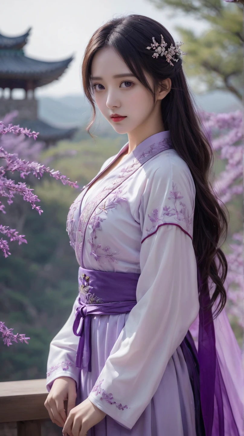 ,( Small Breasts :1.2),1 beautiful girl, unique,hair,Long hair, actual ,Lips,Hair accessories,Long sleeve,Eyes with spirit,  upper body ,nose,Hanfu, Chinese clothing,robe,scroll,white robe,Flowing hair,
portrait,Looking aside ,( perspective :1.2),( perspective  sleeves:1.3),wind,Purple feather clothes，(Purple:1.3)
, Purple岐来自东方, Purple魏源, Purple云仙, Purple魏星 Prince, Purple魏豆树, Purple电青霜, Purple灵芝仙草, Purple宫仙, Purple云山, Purple花仙, Purple阳仙, Purple岐亭, Purple岐山, Purple Xia Fairy, Purple庐山, Purple萧宫, Purple竹仙, Purple岐星官, Purple金城, Purple魏星
(1 Girl:1.3), aldult, 国wind, Hanfu, mist, Long hair被wind吹拂,  dusk,  masterpiece ,
analog film photo ethereal fantasy concept art of  masterpiece , 动态perspective,  intricate details, Wide Angle, Motion blur. Purple long hair. She stands next to the East Asian building, Starry Sky,
