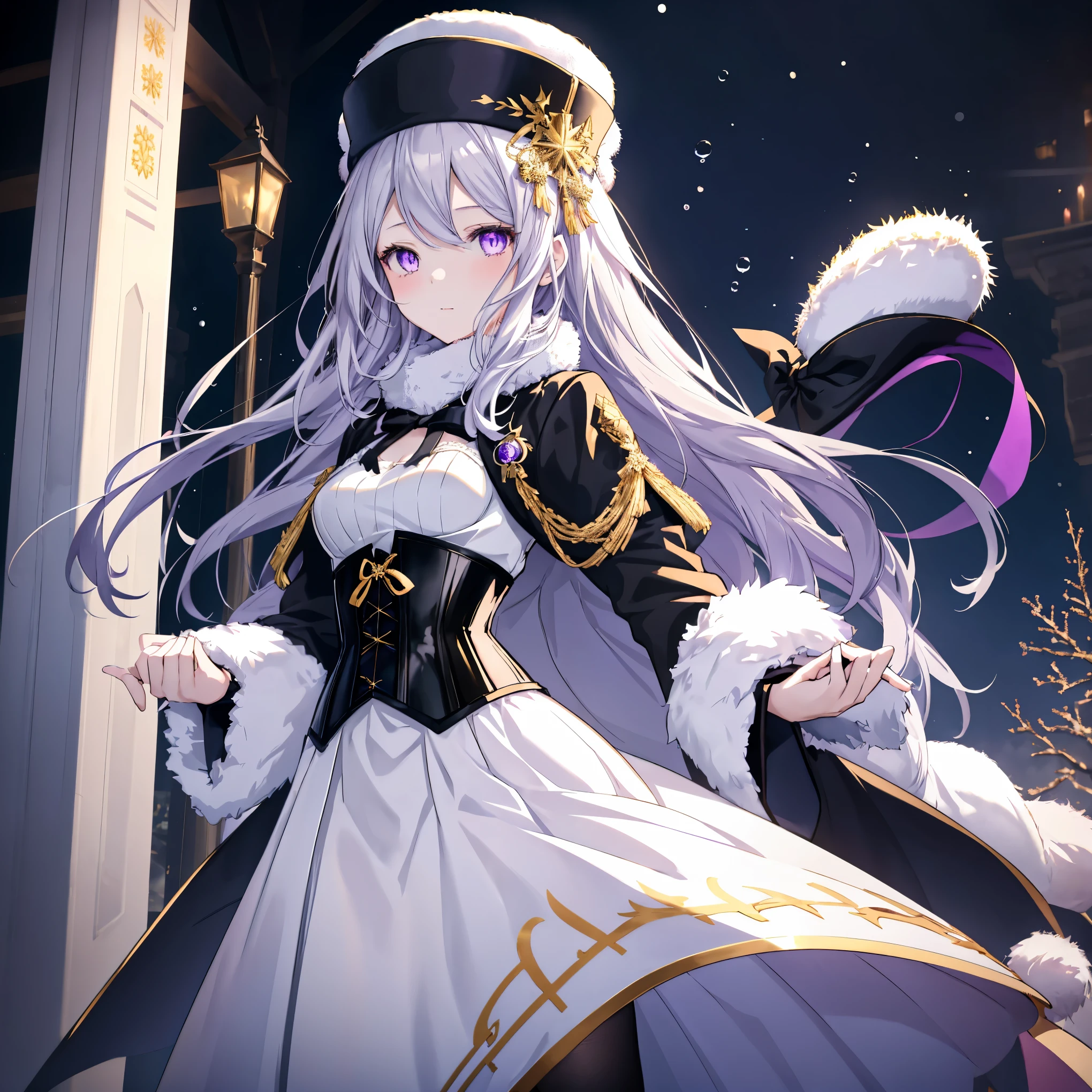 Create an anime-style character of a beautiful young woman with long, flowing silver hair and captivating purple eyes. She is wearing a winter-themed outfit with a fluffy, white, fur-lined dress and matching hat. The dress has intricate black and gold details, with a corset-like design at the waist, flared skirt, and transparent long sleeves. She also has black tights and a gentle, warm expression. The background is dark, highlighting her delicate features and elegant outfit, with small, floating water droplets around her for an ethereal effect.