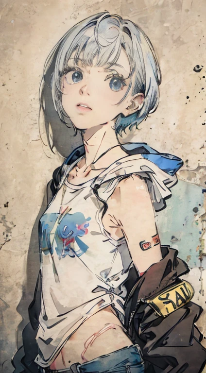 masterpiece, Highest quality, Very detailed, 8k, Realistic, One Girl, alone, Tomboy, Very detailed face, (head shot:1.5), Standing in front of a wall covered in hip hop graffiti, Cyberpunk neon cityscape,Pixie cut white hair, She is wearing a short neon tank top and an open hoodie....,I can see your chest,Nice ass,