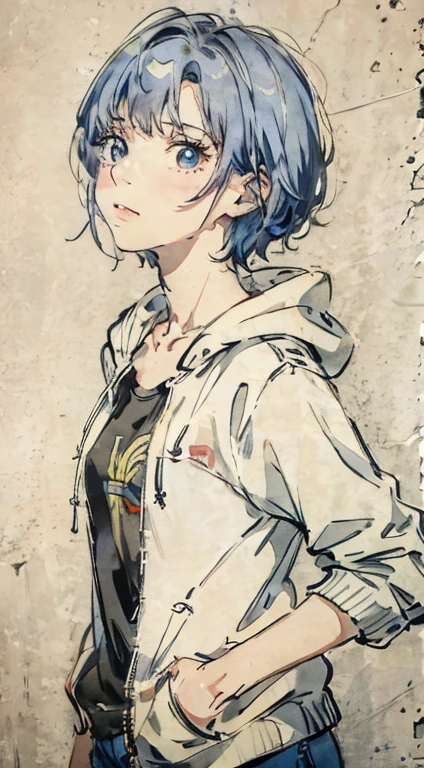 masterpiece, Highest quality, Very detailed, 8k, Realistic, One Girl, alone, Tomboy, Very detailed face, (head shot:1.5), Standing in front of a wall covered in hip hop graffiti, Cyberpunk neon cityscape,Pixie cut white hair, She is wearing a short neon tank top and an open hoodie....,I can see your chest,Nice ass,