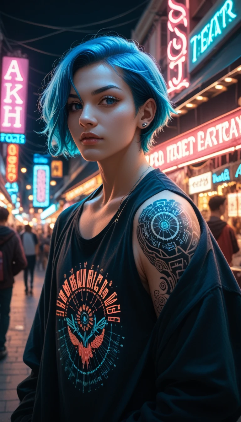 A young woman with striking electric blue hair and intricate cybernetic enhancements explores a crowded market filled with vendors selling exotic tech. Her outfit blends street style with high-tech elements, showcasing glowing tattoos that pulse with energy. The background is a kaleidoscope of colors, illuminated by neon signs and digital billboards., photo, illustration, vibrant