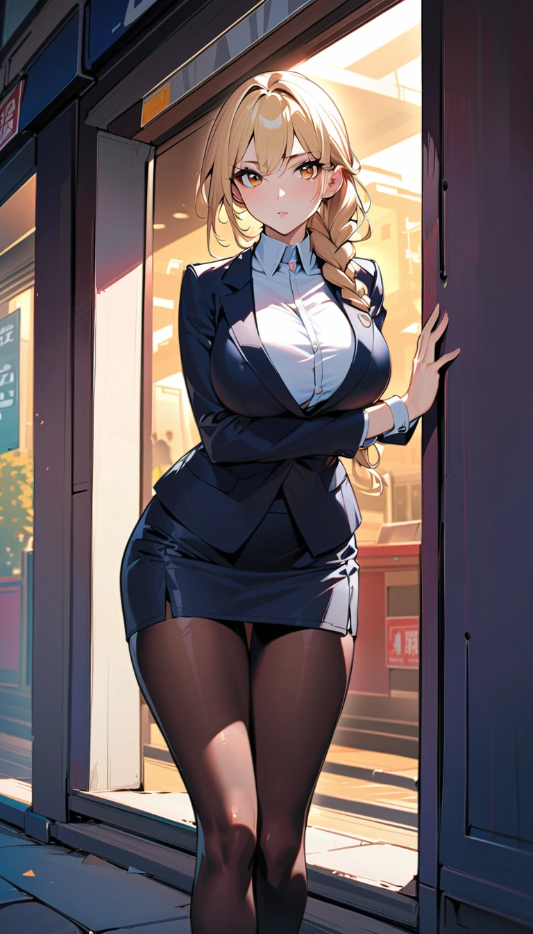 1 Female, Alone,  long braided hair on the street in the morning, Blonde,  Brown Eyes , Detailed eyes, Light lips, Age 25, Expressionless,  suit、I'm staring at a tight skirt,  closed mouth, At work, Image of an assassin、Big Breasts、tights