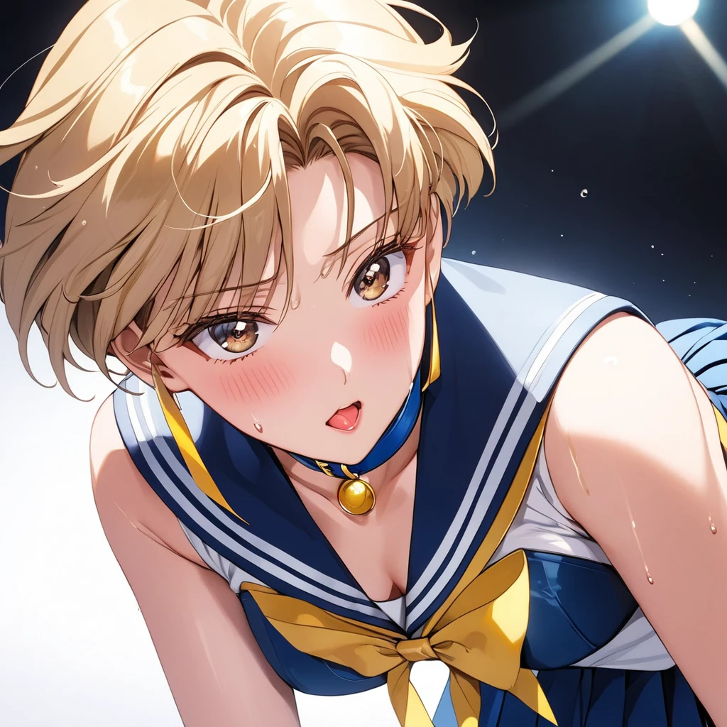 (Sailor uranus:1.5),(E-cup beautiful breasts)、 (tall:1.2),height: 175cm,Fashion model body type、clevage,Sexy long legs, pale blondy hair,very shortcut hair、boyish,brown eyes,  (sailor uranus costume,sleaveless white shirt,blue collar,yellow ribon,blue skirt:1.5),Sweating all over the body、Muscular、1girl,solo,shy,blush,(vulgarity:1.2)、(Ahegao:1.3),Anime-style painting style,Close up on upper body,Cinematic lighting,Superfine,Seductively Posing,dynamic angle,extreme closeup shot,simple white background