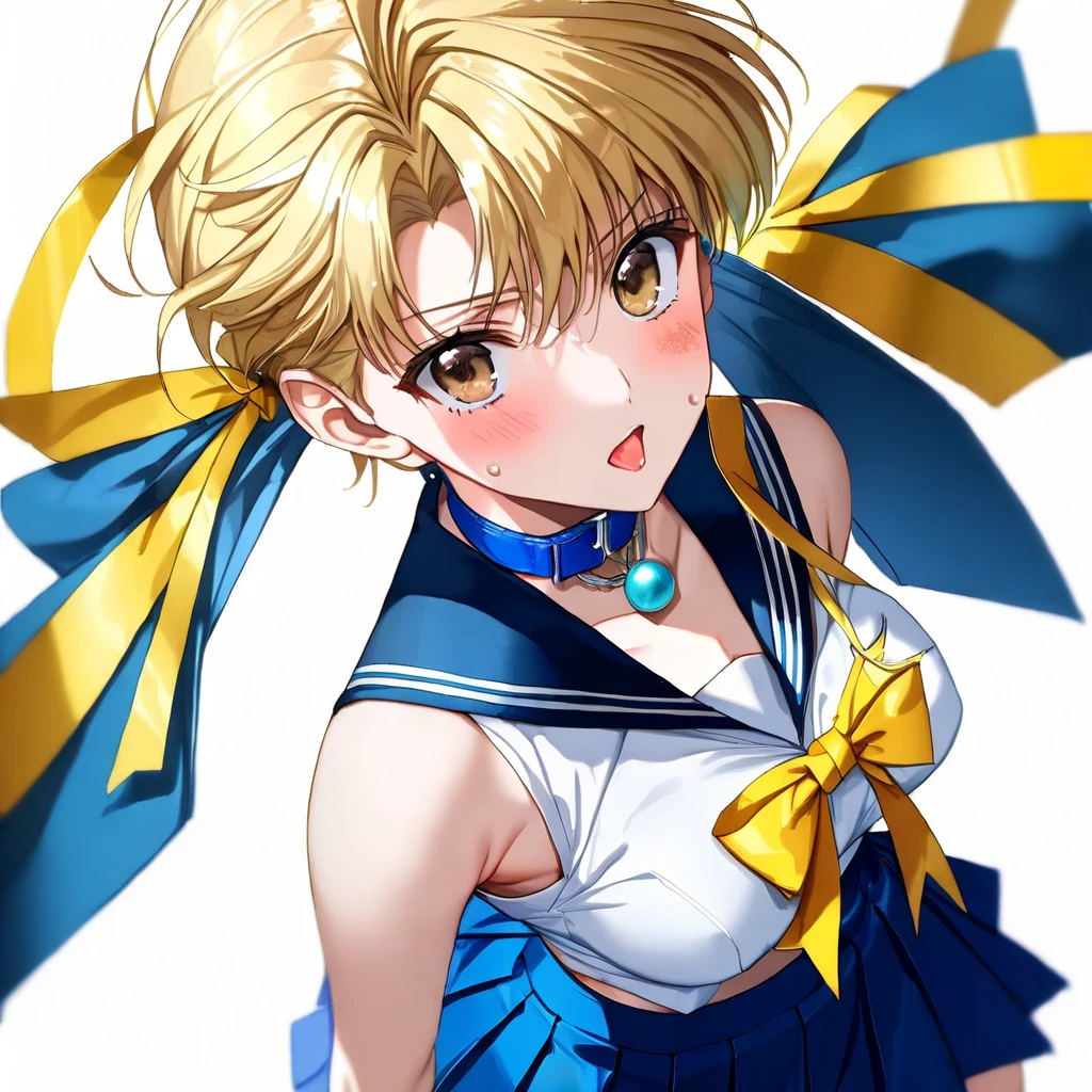 (Sailor uranus:1.5),(E-cup beautiful breasts)、 (tall:1.2),height: 175cm,Fashion model body type、clevage,Sexy long legs, pale blondy hair,very shortcut hair、boyish,brown eyes,  (sailor uranus costume,sleaveless white shirt,blue collar,yellow ribon,blue skirt:1.5),Sweating all over the body、Muscular、1girl,solo,shy,blush,(vulgarity:1.2)、(Ahegao:1.3),Anime-style painting style,Close up on upper body,Cinematic lighting,Superfine,Seductively Posing,dynamic angle,extreme closeup shot,simple white background