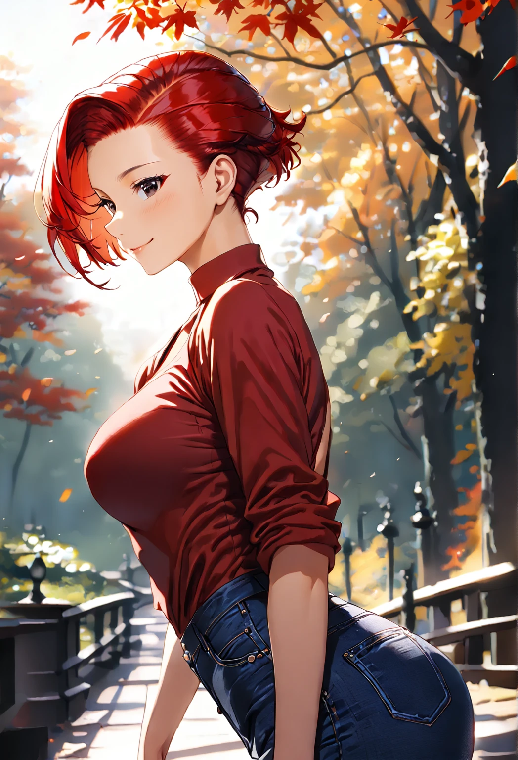 1 girl,(very shortcut hair,red hair, swept-back,:1.8),red shirt,black riders jacket,jeans,skull necklace,big black eyes,long eyelashes,Muscular、(F cup beautiful breasts)、25years old, (tall:1.2),height: 175cm,Sexy long legs,Fashion model body type,solo,smile、Shy、Shyness,Cool look,blush,Anime-style painting style,A composition that shows the upper body,cinematic lighting,Superfine,magnificent view、park、autumn,(morning:1.5)、(sexy) ,(closeup:1.5),dynamic angle