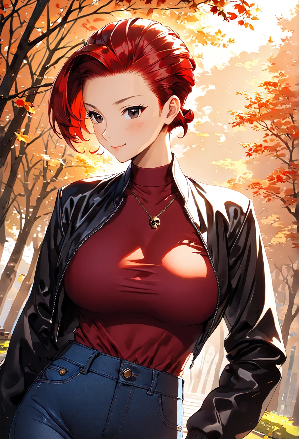 1 girl,(very shortcut hair,red hair, swept-back,:1.8),red shirt,black riders jacket,jeans,skull necklace,big black eyes,long eyelashes,Muscular、(F cup beautiful breasts)、25years old, (tall:1.2),height: 175cm,Sexy long legs,Fashion model body type,solo,smile、Shy、Shyness,Cool look,blush,Anime-style painting style,A composition that shows the upper body,cinematic lighting,Superfine,magnificent view、park、autumn,(morning:1.5)、(sexy) ,(closeup:1.5),dynamic angle