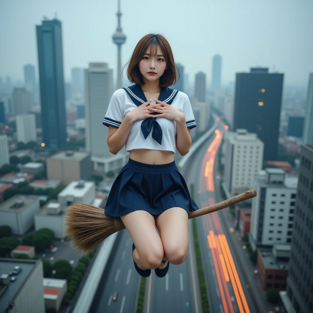  Japanese woman floating over Tokyo :1.331,  Skyscrapers, Skytree, Expressway, Railway , from side:1.8, (Best Quality:1.4),  32k high resolution UHD , (masterpiece:1.2),  Extremely Detailed Real Photo, (Realistic, 超Realistic:1.4),  uniform on a downtown street in the evening, Lovely Japanese Woman ,  famous beautiful Japanese idol , Fly through the air while straddling a broom:1.331,  woman who feels like a wizard ,  she enjoys free flight , Perfect composition, Proper placement, Golden Ratio, Rainy dusk ,  faint light through gaps in the clouds,  anatomically correct proportions:1.331,  has a small head:1.331,  Slender body:1.331,  thin waist:1.331, Thin limbs:1.331,  flat chest:1.331, Cover your chest with your hands:1.21,  Japanese high school sailor suit  :1.21, Short sleeve clothing, White short-sleeved sailor uniform :1.21, sera fuku:1.21, navy mini skirt, I can see her belly button , Brown Hair,  BOB CUT HAIR :1.21, Symmetrical eyes,  very beautiful clear eyes ,  Beautiful Hair Fluttering in the Wind , 