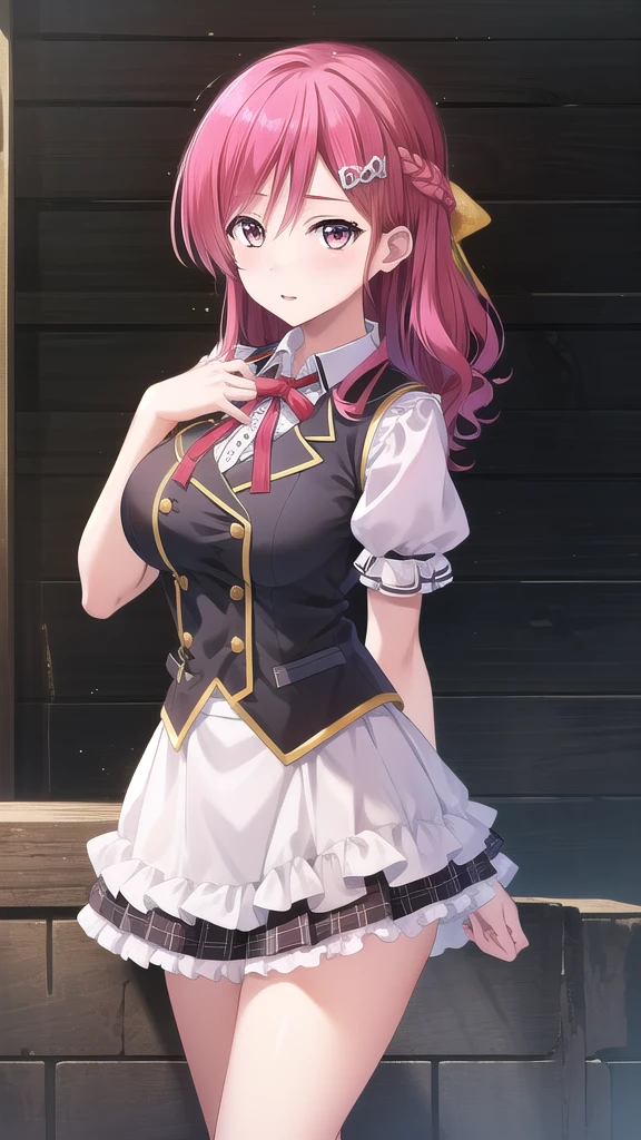 ((masterpiece)),(best quality),official art,extremely detailed CG,unity 8k wallpaper,ultra detailed,beautiful detailed eyes,extremely detailed face,1girl,solo,cowboy shot,looking at viewer,facing viewer,Nanasato Nene(unoneno),long hair,red hair,shiny hair,braid,hair ornament,hair bow,hair between eyes,yellow ribbon,bangs,red eyes,school uniform,short sleeves,puffy sleeves,black vest,taut vest,wing collar,collared shirt,neck ribbon,red ribbon,white shirt,large breasts,miniskirt,frilled skirt,black skirt,vertical-striped skirt,plaid skirt,white socks,loafers,