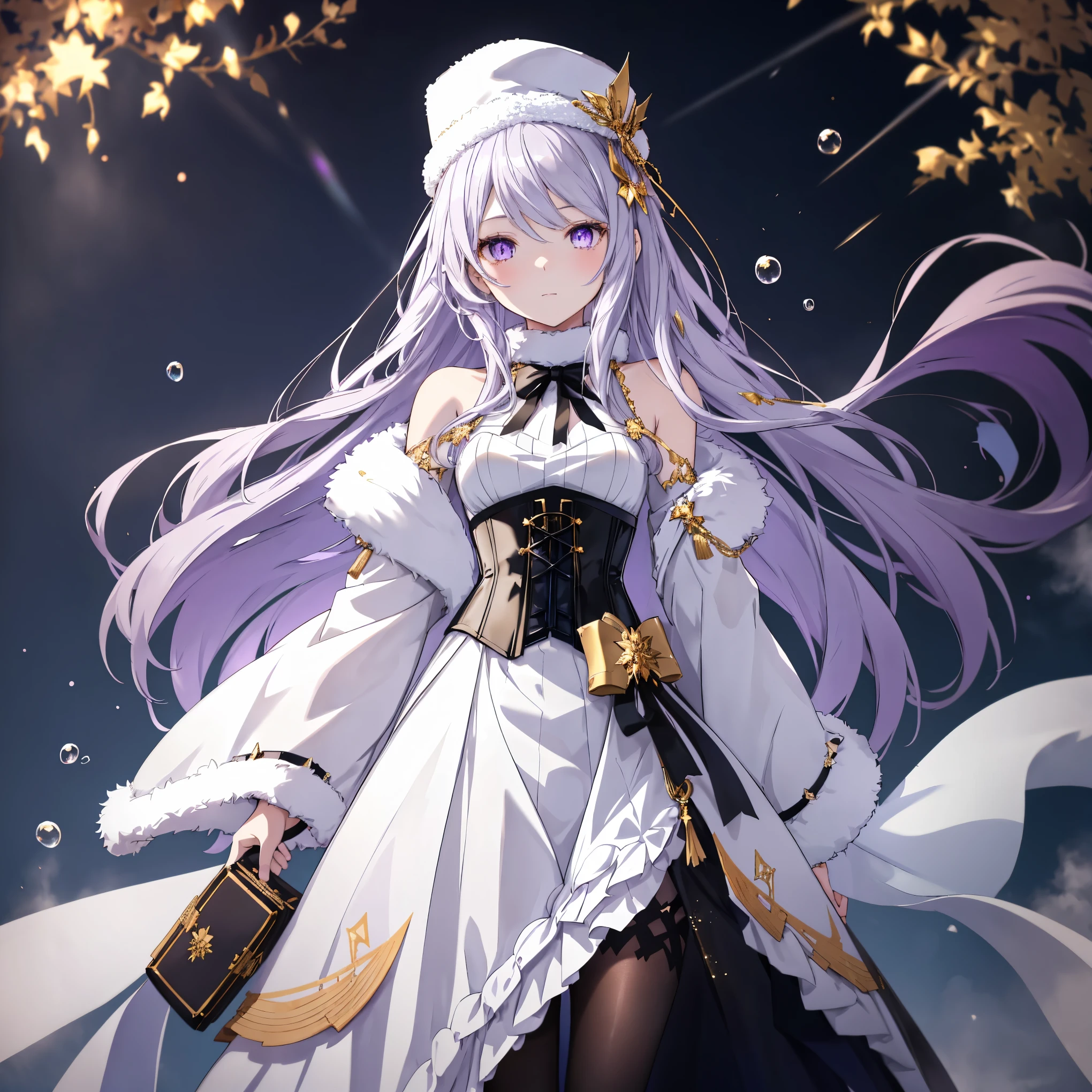 Create an anime-style character of a beautiful young woman with long, flowing silver hair and captivating purple eyes. She is wearing a winter-themed outfit with a fluffy, white, fur-lined dress and matching hat. The dress has intricate black and gold details, with a corset-like design at the waist, flared skirt, and transparent long sleeves. She also has black tights and a gentle, warm expression. The background is dark, highlighting her delicate features and elegant outfit, with small, floating water droplets around her for an ethereal effect.