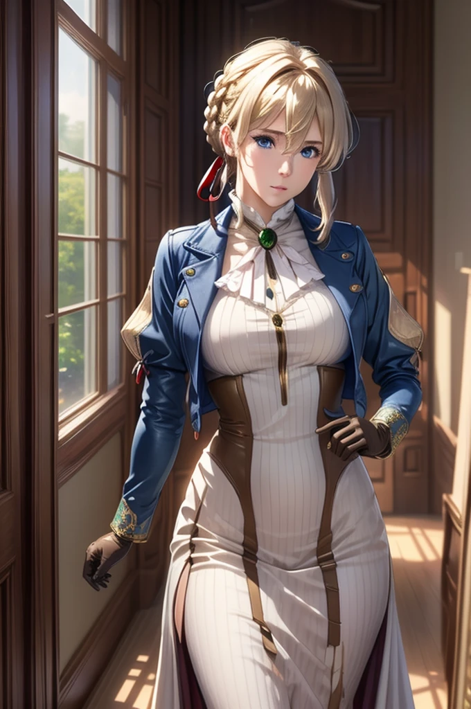 (masterpiece:1.2), best quality, high resolution, unity 8k wallpaper, (illustration:0.8), (beautiful detailed face:1.2, beautiful detailed eyes:1.2), perfect lighting, extremely detailed CG, (perfect hands, perfect anatomy), 

Cute, beautiful, charming lady, shiny hair, lustrous skin, 
milf, married woman, soft With a gentle appearance and a gentle mother-like atmosphere,

violet_a, blonde hair, blue eyes, braid, hair ribbon, red ribbon, jewelry, green brooch, white ascot, blue jacket, cropped jacket, dress, juliet sleeves, long sleeves, puffy sleeves, white dress, brown gloves, 