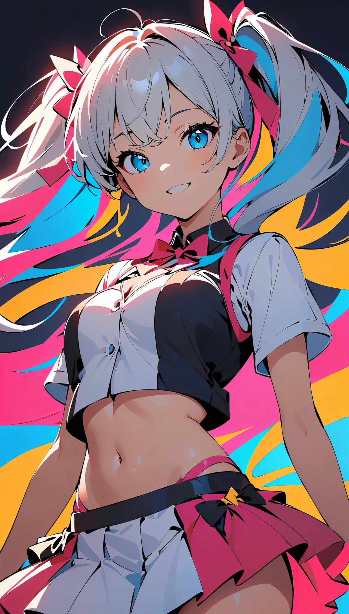 high quality, 8k, 4K, High Contrast, masterpiece:1.2, 最high quality, Best aesthetics), (Dynamic Angle), girl、25-years-old:1.5, (slim:1.2), Bright colors、Beautiful fine details、Beautiful lip detail、medium wave hair、red and white ((streaked hair:1.6)), highlights hair: 1.5, red eyes, medium breast, (tan skin:1.1), (Floral Fineline tattoo design on left arm:1),Skirt-style-bikini, ((cyber punk:2.5, Flat Color:3.2, Colorful art:2, Looking at the audience, Colored Background, High Contrast, Contrasting colors)), angry, Cowboy Shot,