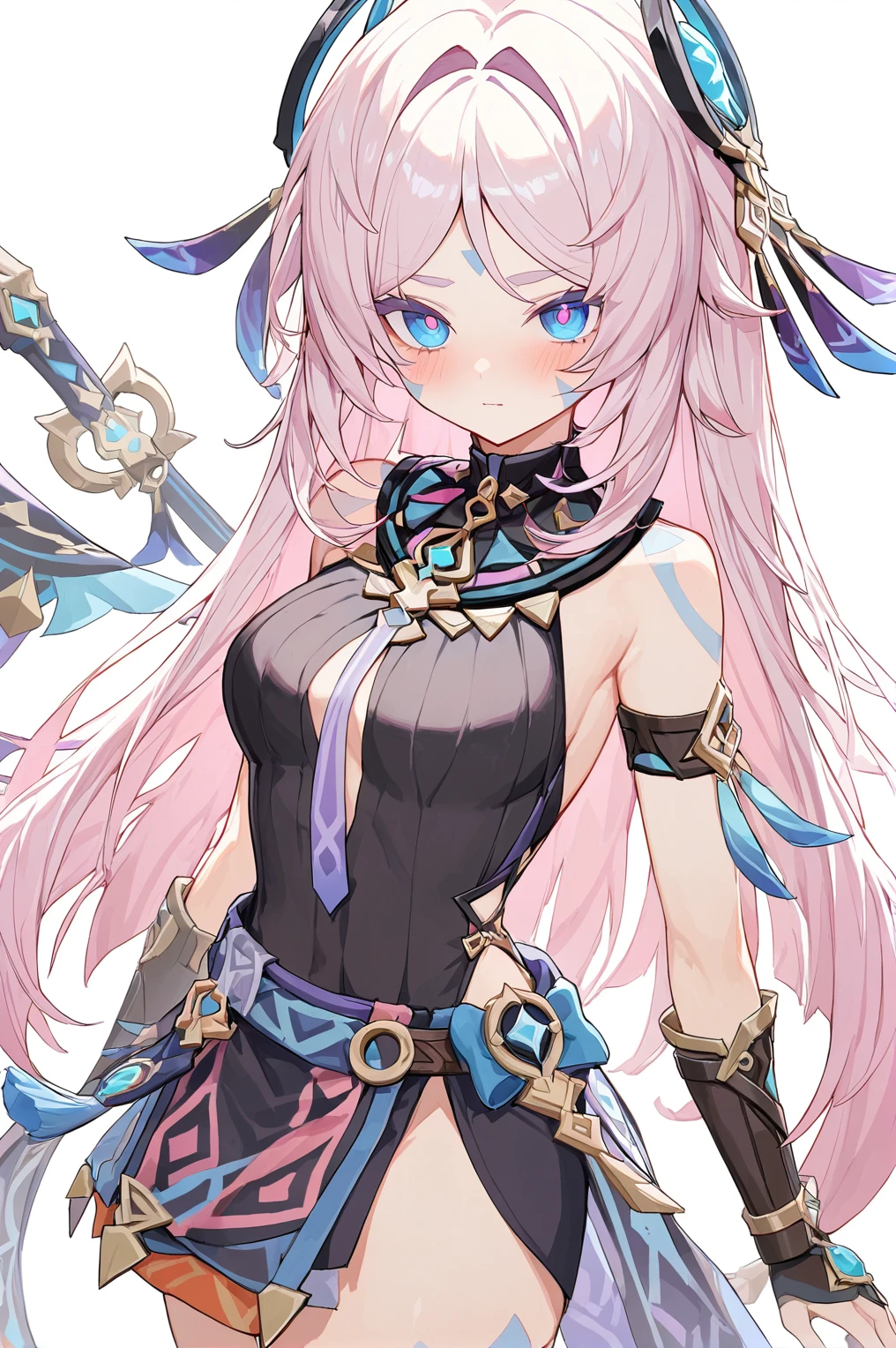 citlali,シトラリ(genshin impact),1girl,cowboy shot,pink hair,parted bangs,very long hair,hair down,braids,hair ornament,facial Mark,blue eyes,pink pupils,tribal clothes,waistcloth,Genshin Impact Style,AddXL,glowing eyes,blush,beautiful detailed,hyper detail,masterpiece,best quality,bright,hair ornament,facial Mark,citlali,white background