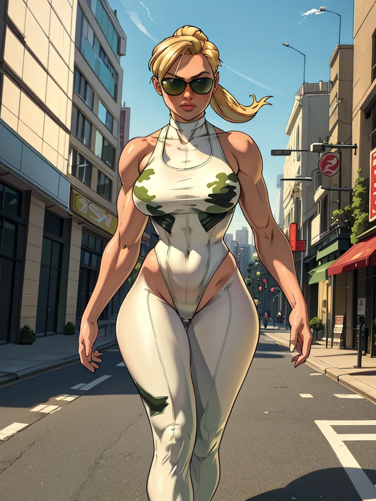 Masterpiece, best quality, award-winning, giantess, solo, 1girl, Cassie, blonde hair, solo, ponytail, white top, green camo pants, highleg swimsuit, sunglasses, walking in the city