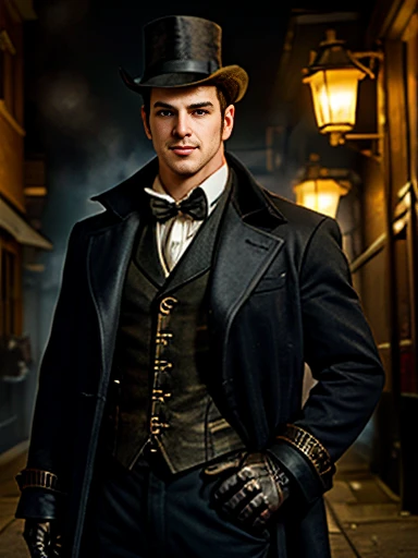 A mysterious, younger steampunk rival detective standing in a shadowed alleyway, dressed in a dark, tailored coat with intricate brass detailing. They wear a top hat, gloves, and have piercing eyes with a slight smirk. The foggy street is illuminated by gas lamps, and their hand rests on a mechanical cane. The scene has a tense, dark atmosphere with dramatic shadows.