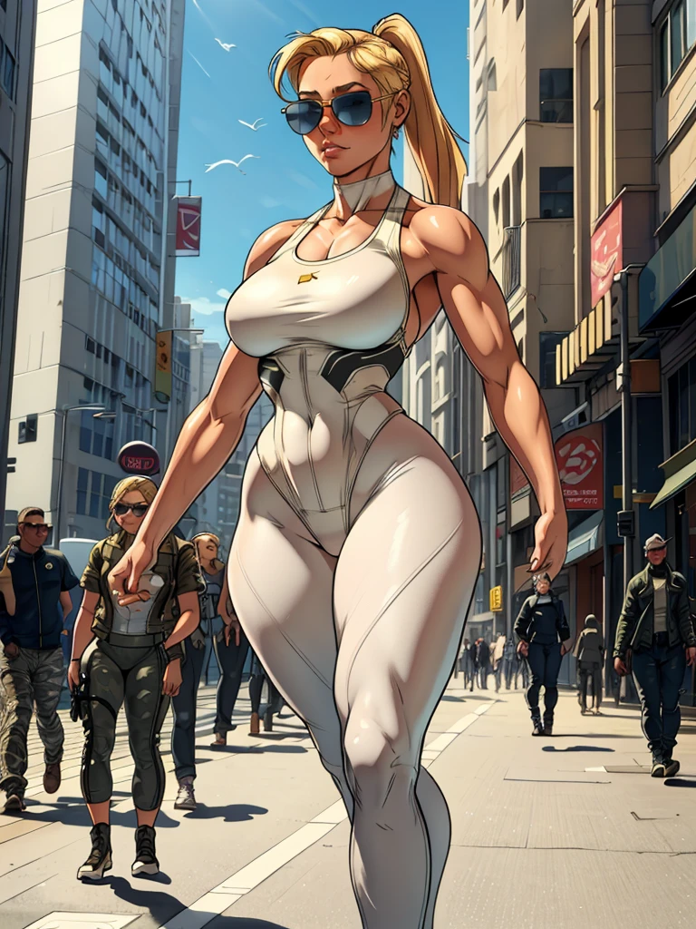 Masterpiece, best quality, award-winning, giantess, solo, 1girl, Cassie, blonde hair, solo, ponytail, white top, camo pants, highleg swimsuit, sunglasses, walking in the city