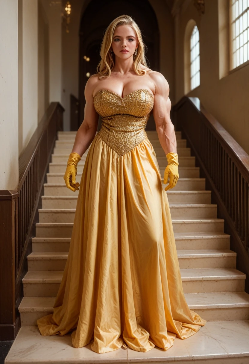 Masterpiece, 8k, award winning, photograph of Anya Taylor-Joy as a huge muscle woman, yellow ball gown, high gold gloves, beautiful blonde hair, ballroom at the top of a staircase, hand on the bannister