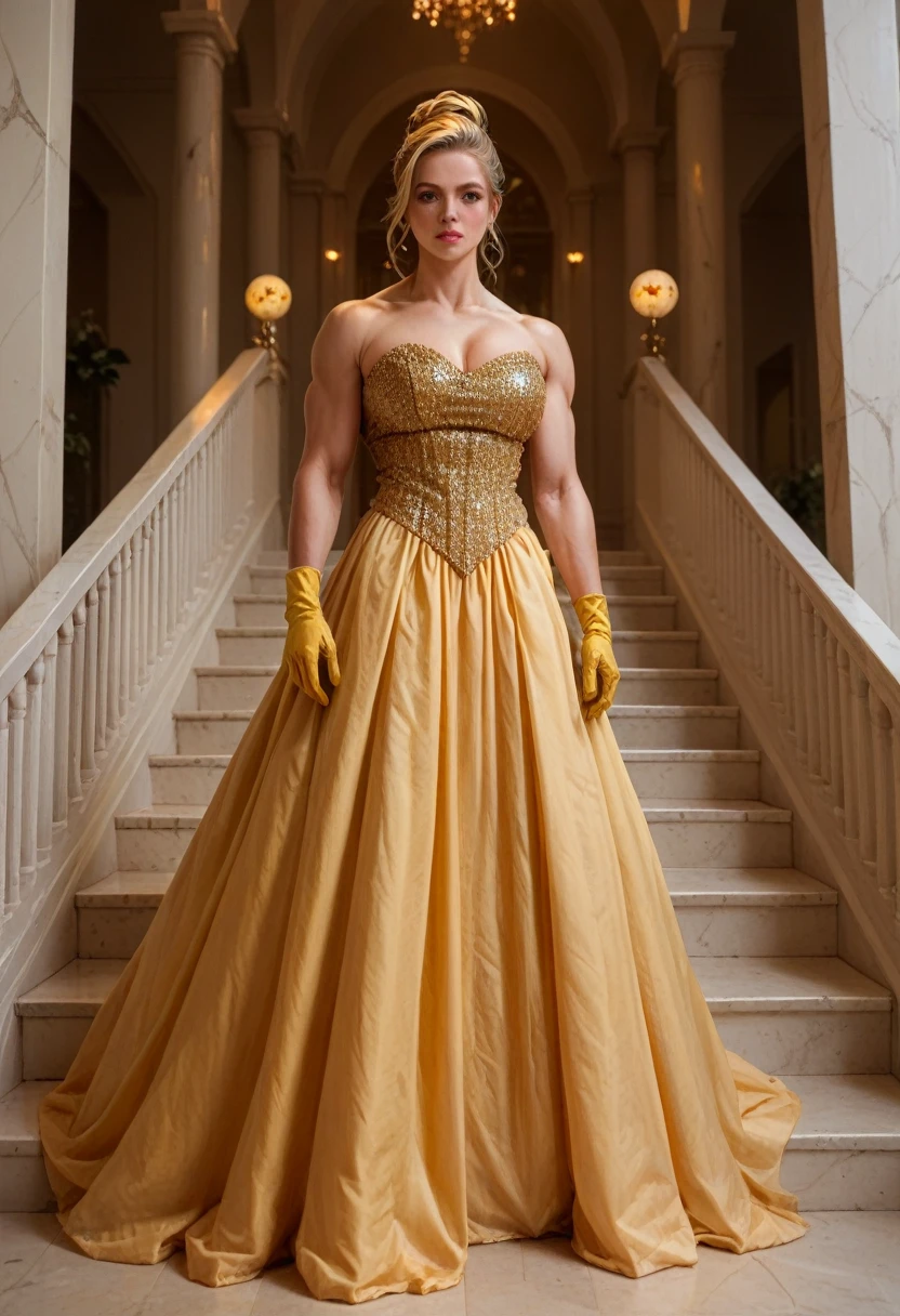 Masterpiece, 8k, award winning, photograph of Anya Taylor-Joy as a huge muscle woman, yellow ball gown, high gold gloves, beautiful blonde hair, ballroom at the top of a staircase, hand on the bannister