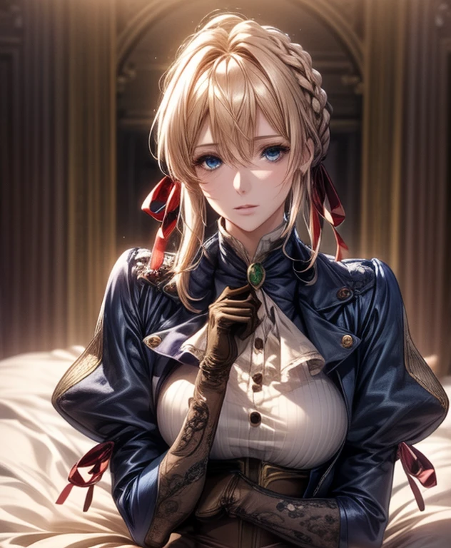 (masterpiece:1.2), best quality, high resolution, unity 8k wallpaper, (illustration:0.8), (beautiful detailed face:1.2, beautiful detailed eyes:1.2), perfect lighting, extremely detailed CG, (perfect hands, perfect anatomy), 

Cute, beautiful, charming lady, shiny hair, lustrous skin, 
milf, married woman, soft With a gentle appearance and a gentle mother-like atmosphere,

violet_a, blonde hair, blue eyes, braid, hair ribbon, red ribbon, jewelry, green brooch, white ascot, blue jacket, cropped jacket, dress, juliet sleeves, long sleeves, puffy sleeves, white dress, brown gloves, 