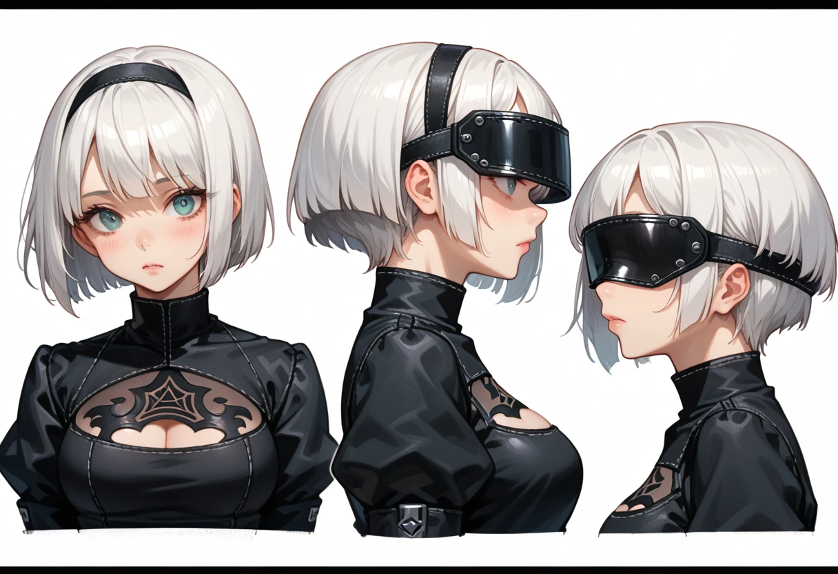 Create a character sheet focused exclusively on the head and face of a character inspired by 2B from Nier Automata, showing four detailed views: a front view with a calm expression, pale skin, framed by a symmetrical, short white bob haircut with bangs just above the visor; a right side view highlighting the profile of the visor edge, facial contours, and neat jaw-length hair that doesn’t cover the ear; a top-down view showing the part line and round contour of the bob cut; and a back view with neatly cut hair falling to neck length without the visor visible. Background should be plain to enhance focus on these details, with high-resolution, smooth shading for a realistic look. complete side view persepctive and with out visor on face