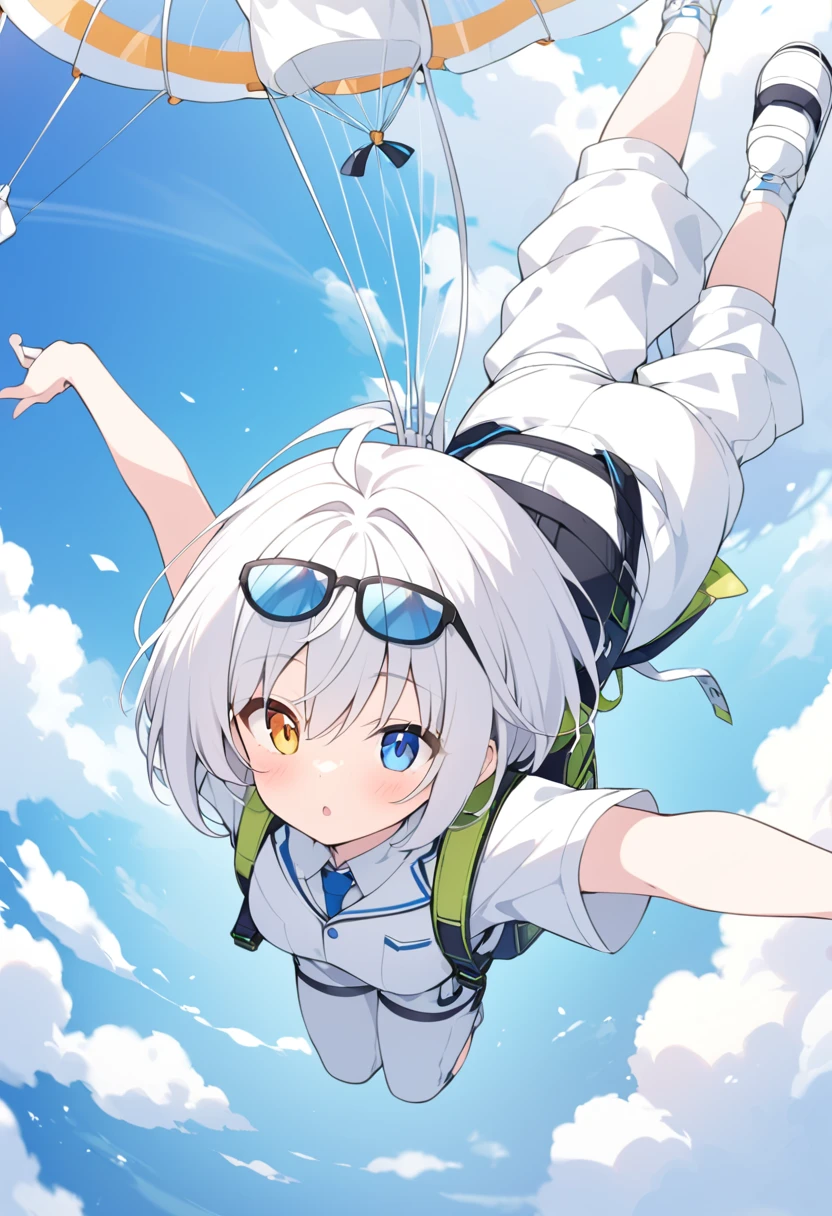 score_9, score_8_up, score_7, 1girl, white hair, very short hair, free fall in the air, white suit, white pants, very very short pants, heterochromia, short sleeved leotard, parachute backpack, from above, special glasses for free fall, long white socks, white shoes, 