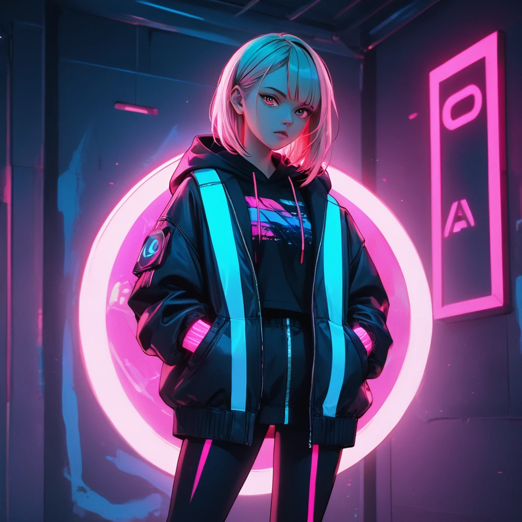 illustration, best quality, close-up, 1girl, full body,blonde hair, hooded jacket, serious expression, vibrant neon colors, abstract background, blue and pink lighting, dynamic composition, streetwear style, futuristic vibe, bold color contrast, cyberpunk atmosphere, strong shadows, intense and edgy mood