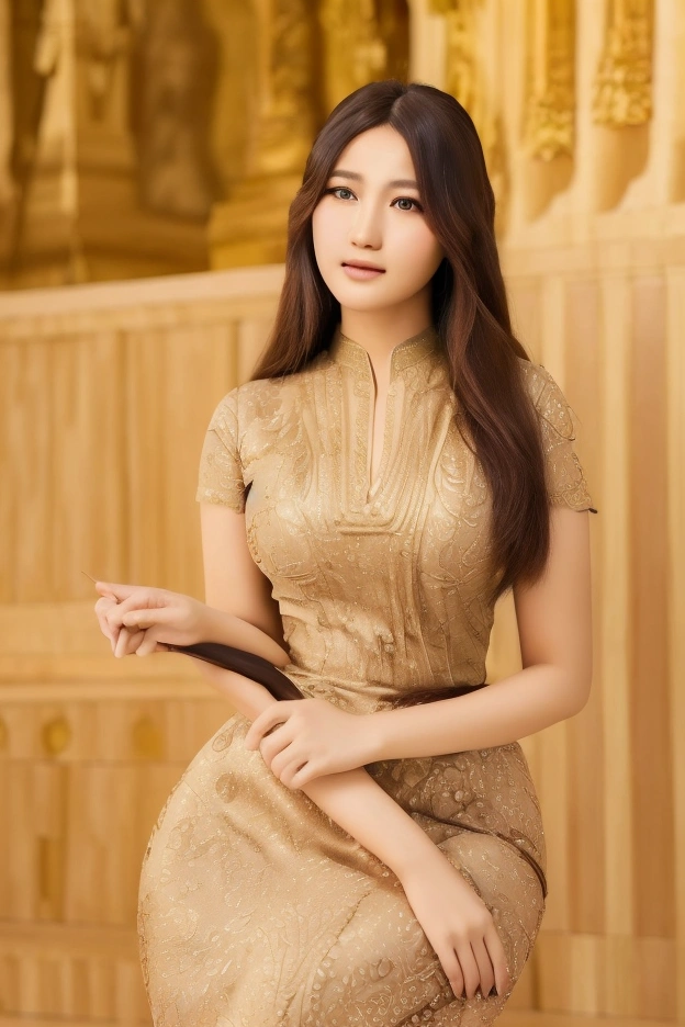 A beautiful young woman, 25 years old, with long brown hair, wearing a traditional Myanmar dress, with a voluptuous figure, thin waist, and a curvaceous behind, opening a door and revealing her face, in a manga-inspired 2.5D drawing style, (best quality,4k,8k,highres,masterpiece:1.2),ultra-detailed,(realistic,photorealistic,photo-realistic:1.37),extremely detailed face and eyes,beautiful detailed lips,longlashes,intricate detailed dress,soft lighting,warm color tones,detailed fabric textures,vibrant colors,dramatic lighting,dynamic pose,atmospheric background,elegant,