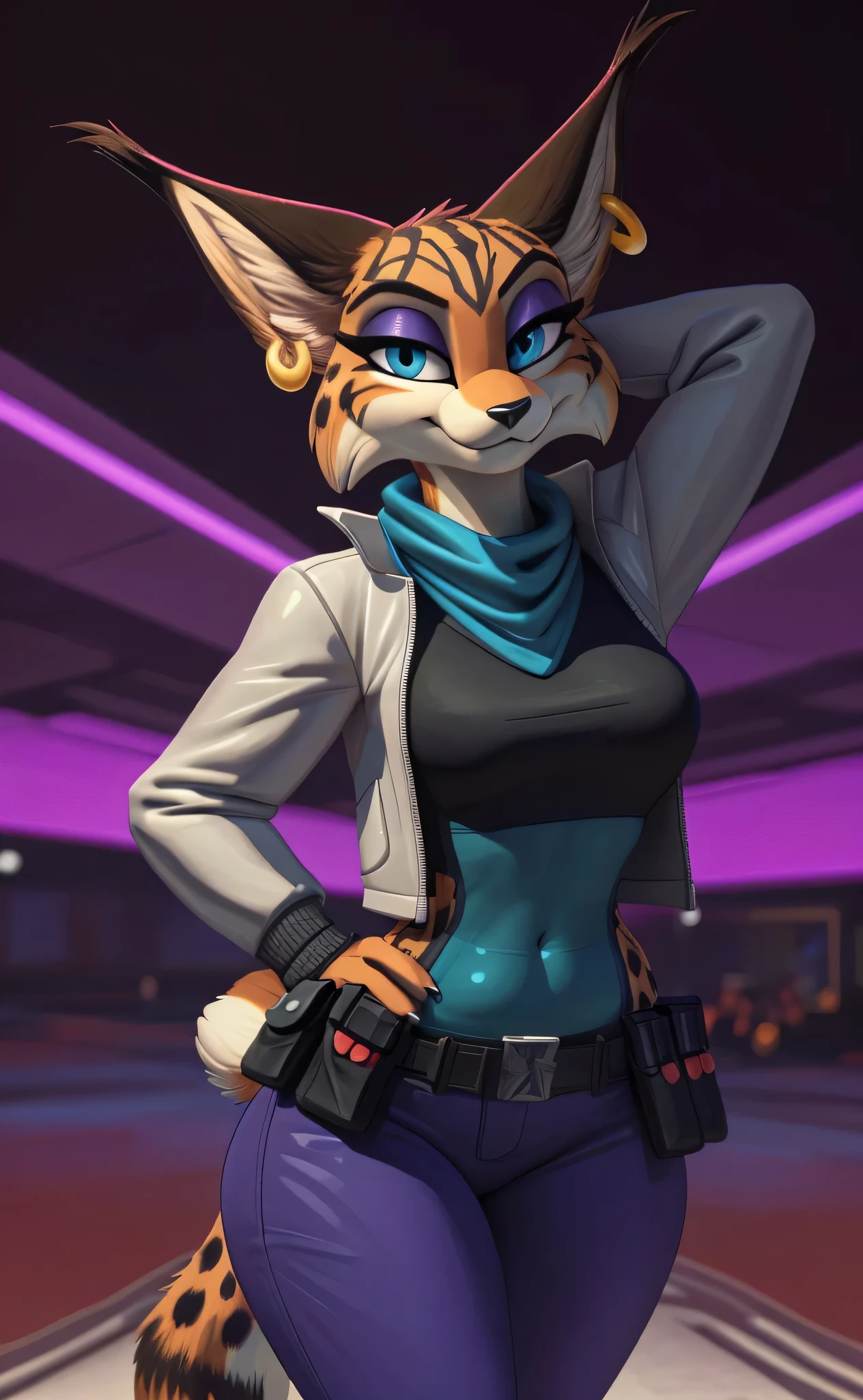 [MiyuCzar], [Miyu Lynx], [Starfox 2], [Uploaded to e621.net; (mayosplash), (Pixelsketcher), (wamudraws)], ((masterpiece)), ((HD)), ((high res)), ((solo portrait)) ((front view)), ((cartoon aesthetic)), ((detailed fur)), ((detailed shading)), ((beautiful render art)), ((cel shading)), {(female anthro lynx), (slim figure), (brown fur black stripes), black nose, (long pointed lynx ears), (gold earring on LEFT ear), (dark blue eyes), (half lidded eyes), (indigo eyeshadow), (long eyelashes), (curvy hips), (beautiful legs), (smug grin), (relaxed expression)}, {(white zip-up jacket with shiny texture), (turquoise scarf), (black shirt), (black highrise leotard under clothes), (navel), (exposed hips), (tight purple pants), (utility belt with gold triangle belt buckle), (grey combat boots)}, {(standing), (hands on hip), (hand behind head), (looking at viewer)}, [ambient lighting, air force base, jet runway]