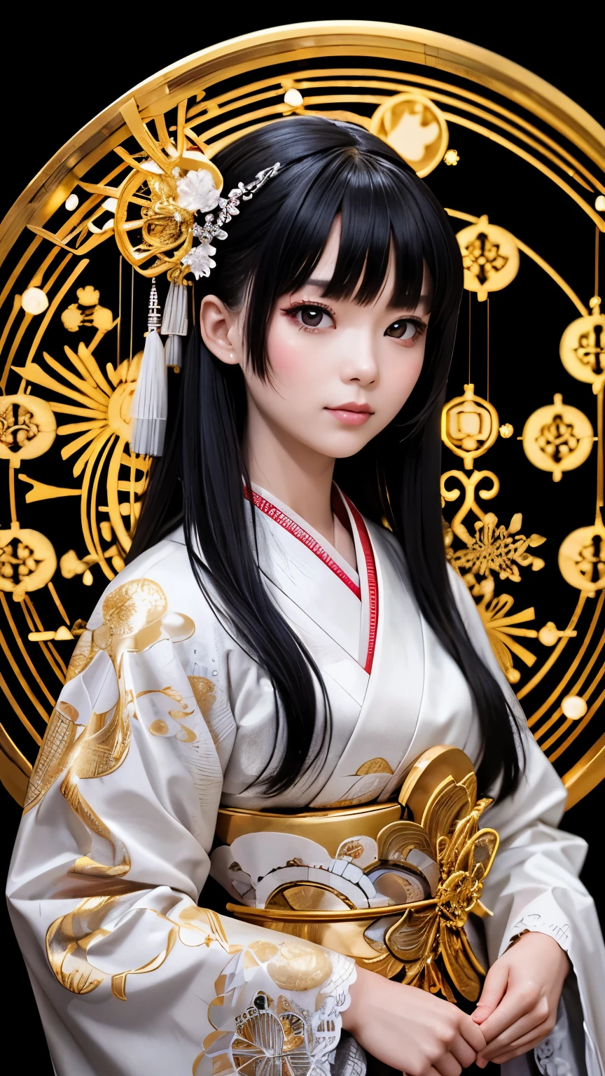 A portrait photo of a Japanese woman in her twenties，Made of white and silver clear glass and plastic, Geisha makeup, Black Hairstyle, Silver and gold metal interior, Dynamic poses, Fluid organic structure, Fine carving, Lace design, Glowing golden circuit, colorful Neon decoration, Fine carving, Lace design, Light-emitting circuit, Neon decoration, h&#39;s Artwork.R. Giger, Greg Rutofsky