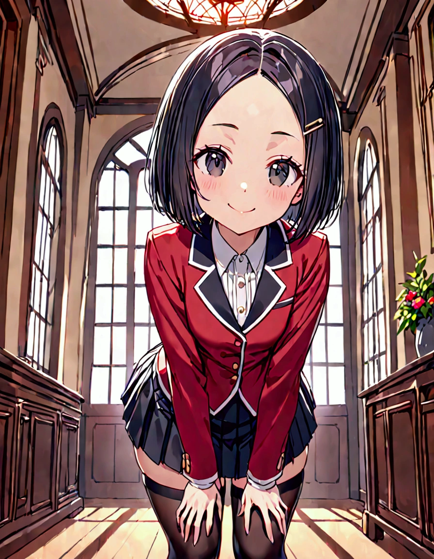 (masterpiece)(best quality)(ultra detailed)(high resolution),solo petite girl, black hair short hair, bob cut, (forehead:1.2)(hairpin in center parted bangs:1.2), black eyes, slender body, medium hip, smile, spencer jacket, pleat skirt, stockings, upper body above knees, standing leaning forward, pose of looking front, indoors,