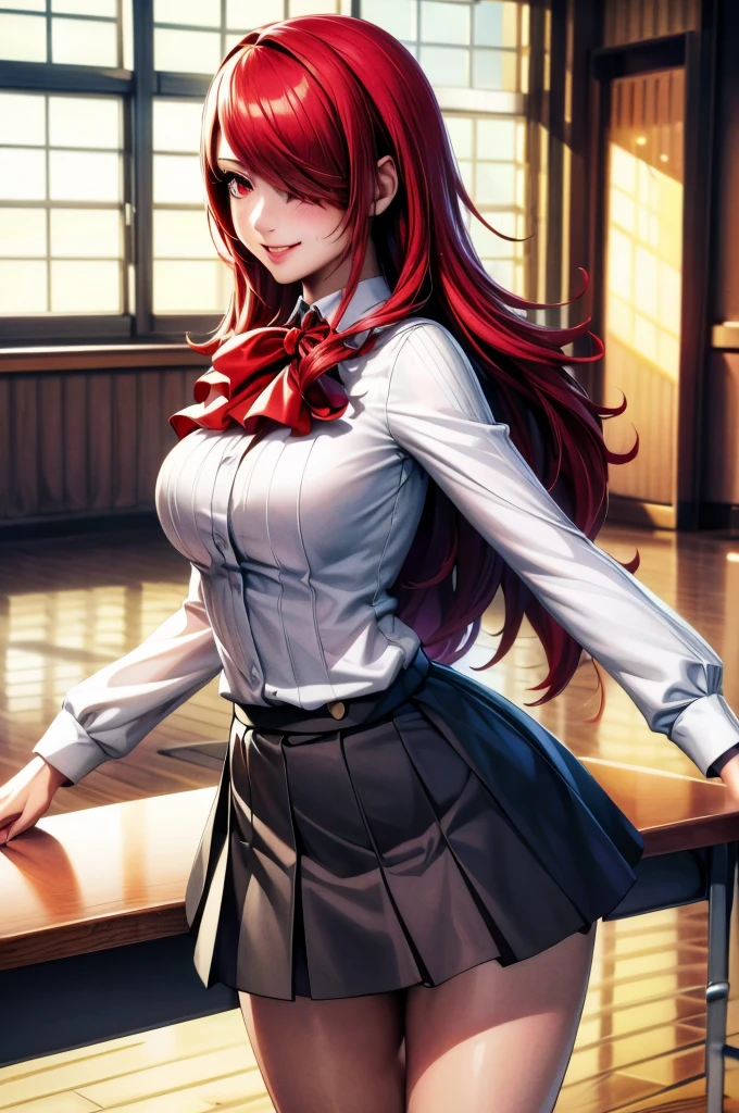 (Masterpiece, Ultra-high resolution, 8k, High Quality, Top quality, High-Detailed, Detailed CG, Cinematic Shadow:0.5, Beautiful Detailed Eyes, Ultra Resolution, Depth of Field, High Resolution, Masterpiece: 1.2), (Anime Art style), (cowboy shot), (school), (classroom:1.4), 1girl, solo, kirijodef, red hair, long hair, hair over one eye, red eyes, hair between eyes, school uniform, gekkoukan high school uniform, bow, black skirt, pleated skirt, white shirt, collared shirt, miniskirt, red bowtie, wing collar, beautiful breasts, smile, walking,