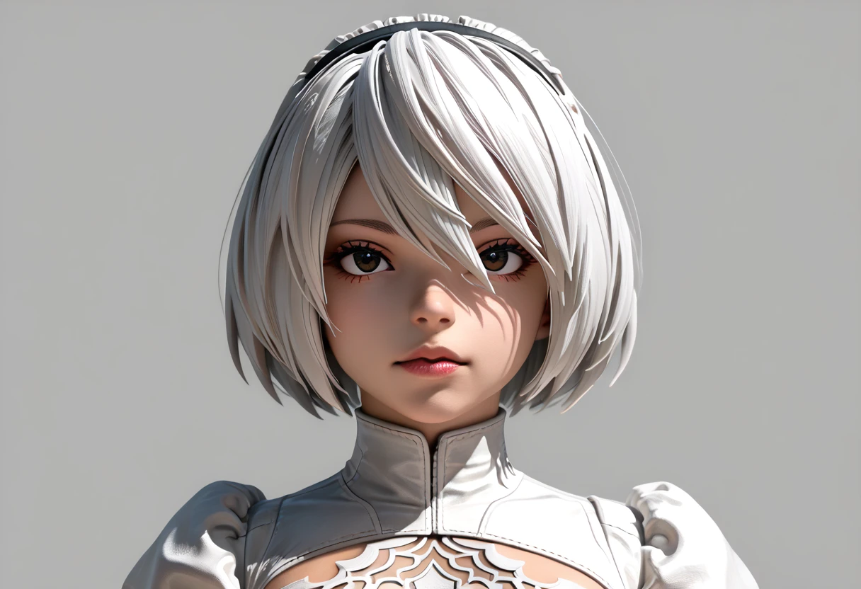 character sheet desing 2b from nier automata, only head. beauty face, perfect proportion, simetria, ((((3d model only head)))) ((((front view head and left view and back view and top view)))))) beauty face, front view side, left view side, back view side and top view side. ((only head, no body features)) sheet with front view, left side view (profile) back view and top view of her head. add a left side view of her head