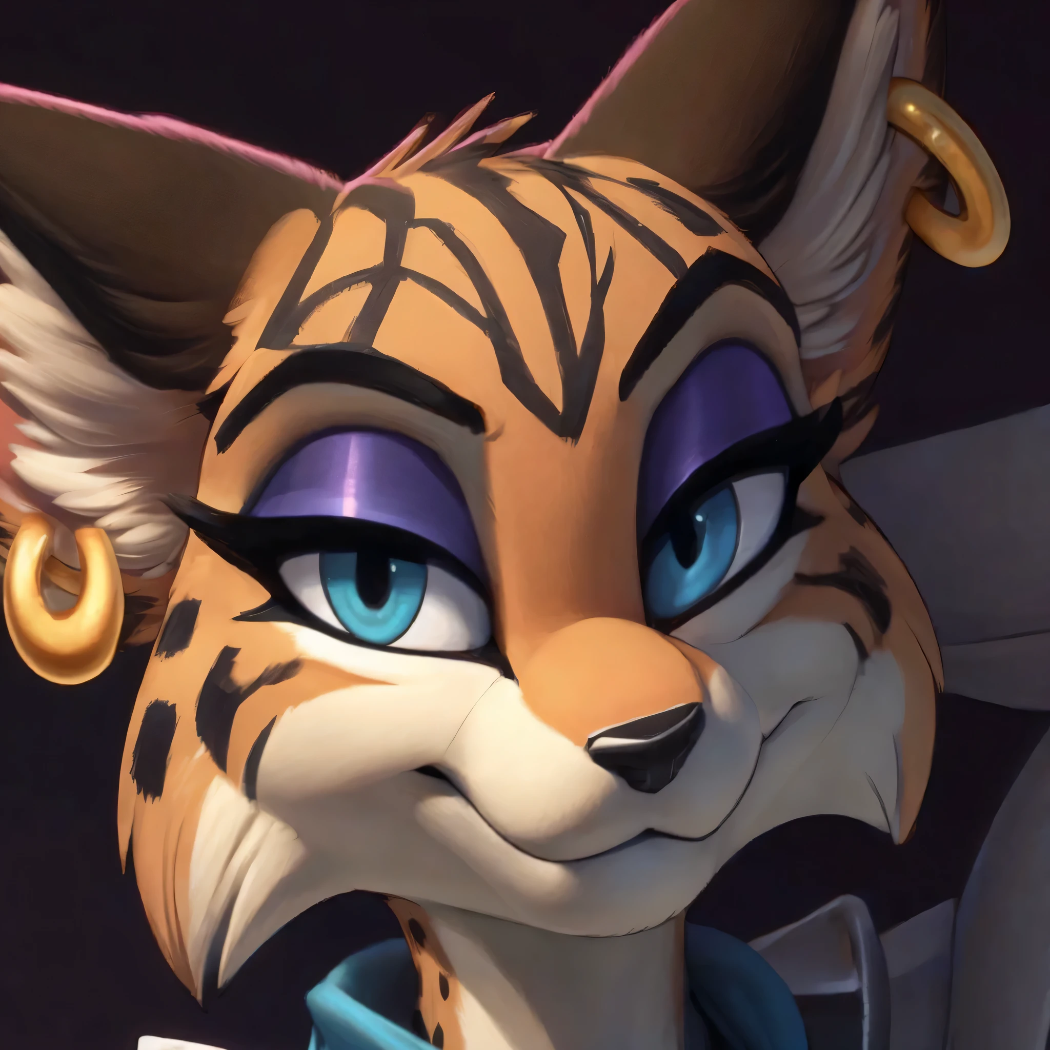 [MiyuCzar], [Miyu Lynx], [Starfox 2], [Uploaded to e621.net; (mayosplash), (Pixelsketcher), (wamudraws)], ((masterpiece)), ((HD)), ((high res)), ((solo portrait)) ((front view)), ((cartoon aesthetic)), ((detailed fur)), ((detailed shading)), ((beautiful render art)), ((cel shading)), {(female anthro lynx), (slim figure), (brown fur black stripes), black nose, (long pointed lynx ears), (gold earring on LEFT ear), (dark blue eyes), (half lidded eyes), (indigo eyeshadow), (long eyelashes), (curvy hips), (beautiful legs), (smug smirk), (relaxed expression)}, {(white zip-up jacket with shiny texture), (turquoise scarf), (black shirt), (black highrise leotard under clothes), (navel), (exposed hips), (tight purple pants), (utility belt with gold triangle belt buckle), (grey combat boots)}, {(standing), (hands on hip), (hand behind head), (looking at viewer)}, [ambient lighting, air force base, jet runway]