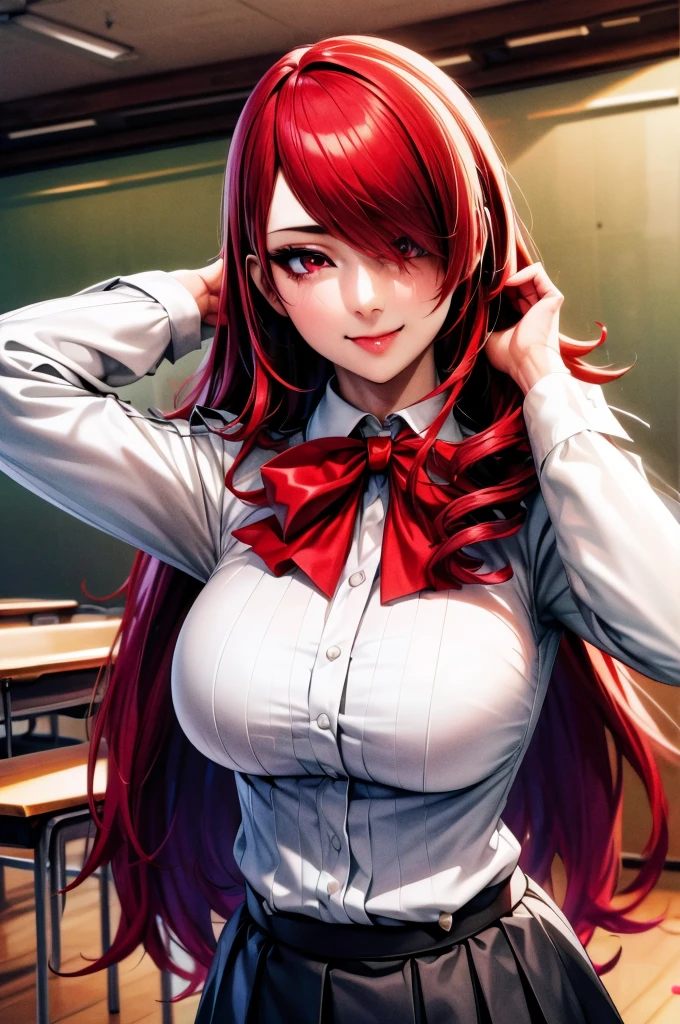 (Masterpiece, Ultra-high resolution, 8k, High Quality, Top quality, High-Detailed, Detailed CG, Cinematic Shadow:0.5, Beautiful Detailed Eyes, Ultra Resolution, Depth of Field, High Resolution, Masterpiece: 1.2), (Anime Art style), (upper body), (school), (classroom:1.4), 1girl, solo, kirijodef, red hair, long hair, hair over one eye, red eyes, hair between eyes, school uniform, gekkoukan high school uniform, bow, black skirt, pleated skirt, white shirt, collared shirt, miniskirt, red bowtie, wing collar, beautiful breasts, smile, hand in own hair,